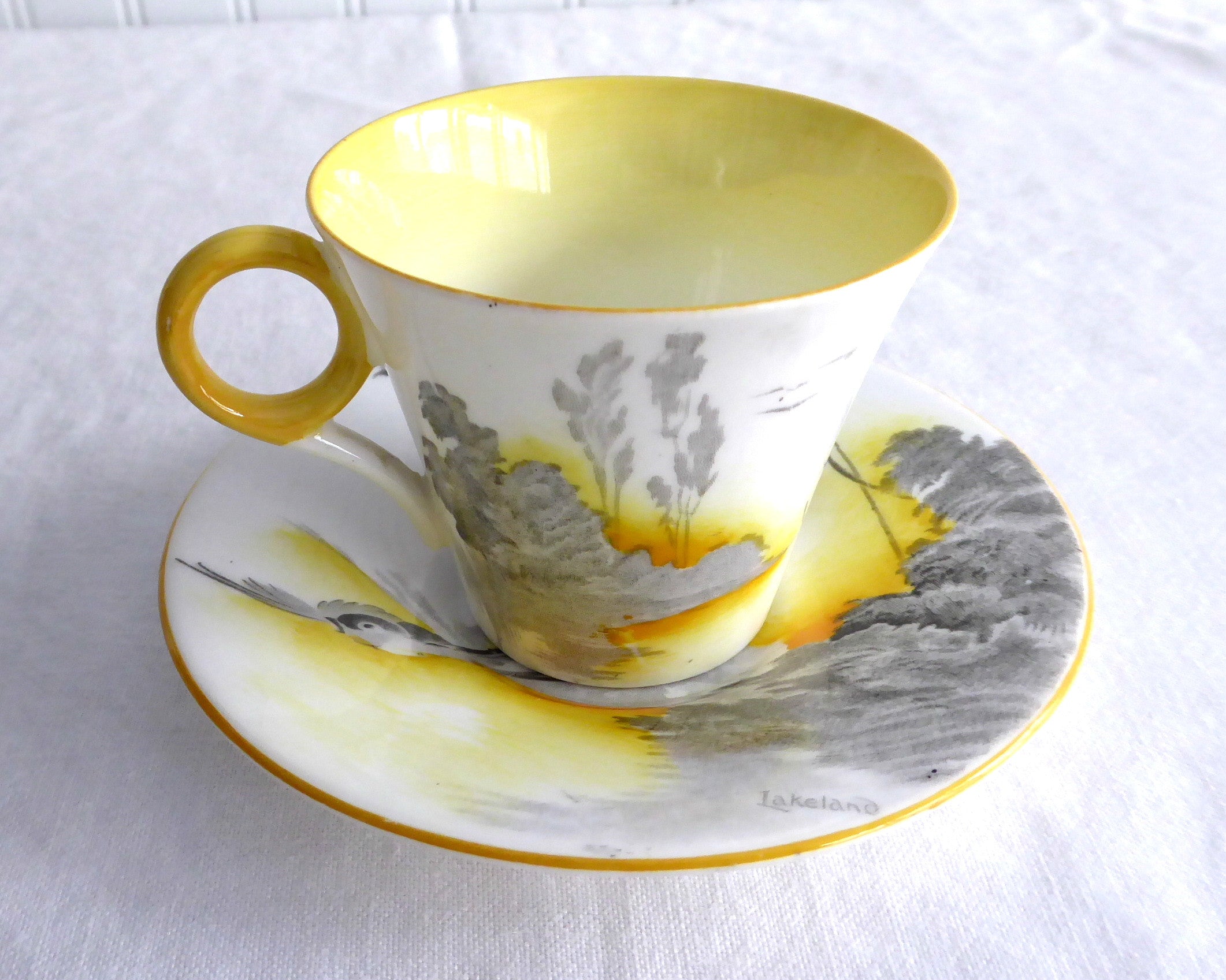 Vintage Shelley Art Deco Lakeland Cup and Saucer Set - 1930s Landscape Bird Design, Regent Shape Demi - Perfect for Tea Collectors & English Afternoon Tea Parties