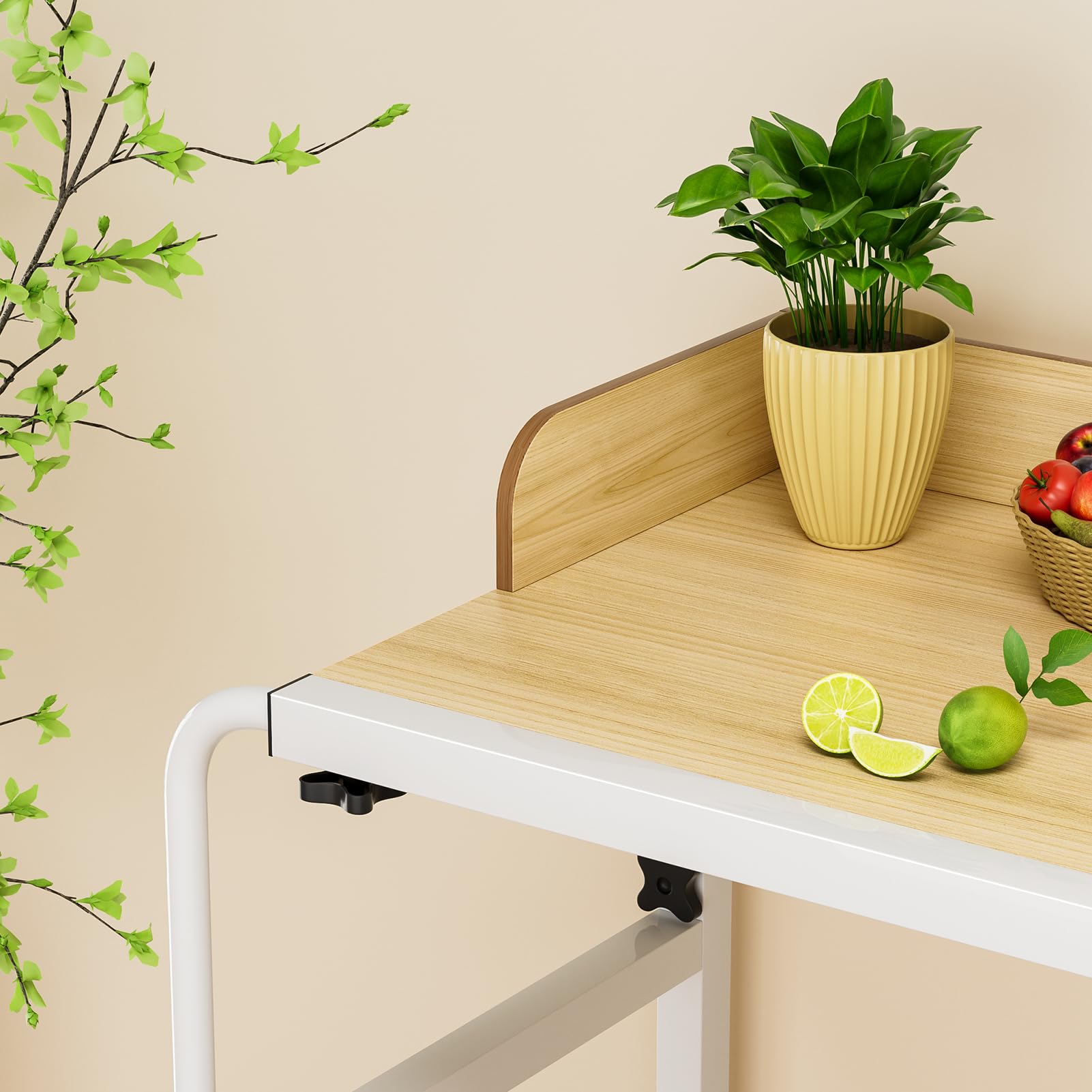 Adjustable Over Bed Table with Wheels - Rolling Laptop Cart & Standing Workstation for Home Office, Hospital & Living Room - Mobile Tray Table with Metal Legs (Wooden Finish) - Perfect for Bedridden Patients, Remote Work & Meal in Bed
