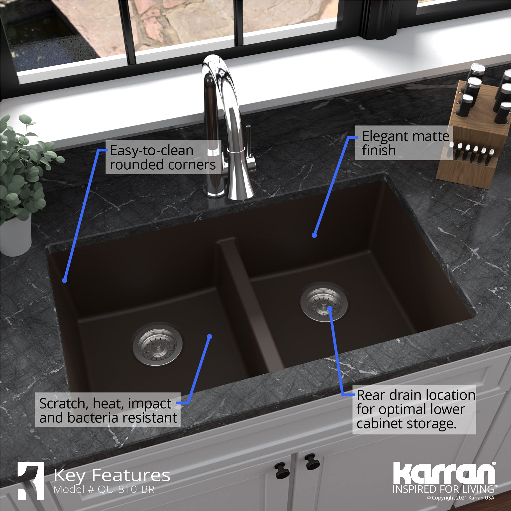 Karran QU-810 32-Inch Undermount Double Equal Bowl Quartz Kitchen Sink in Brown - Perfect for Modern Farmhouse & Contemporary Kitchen Designs