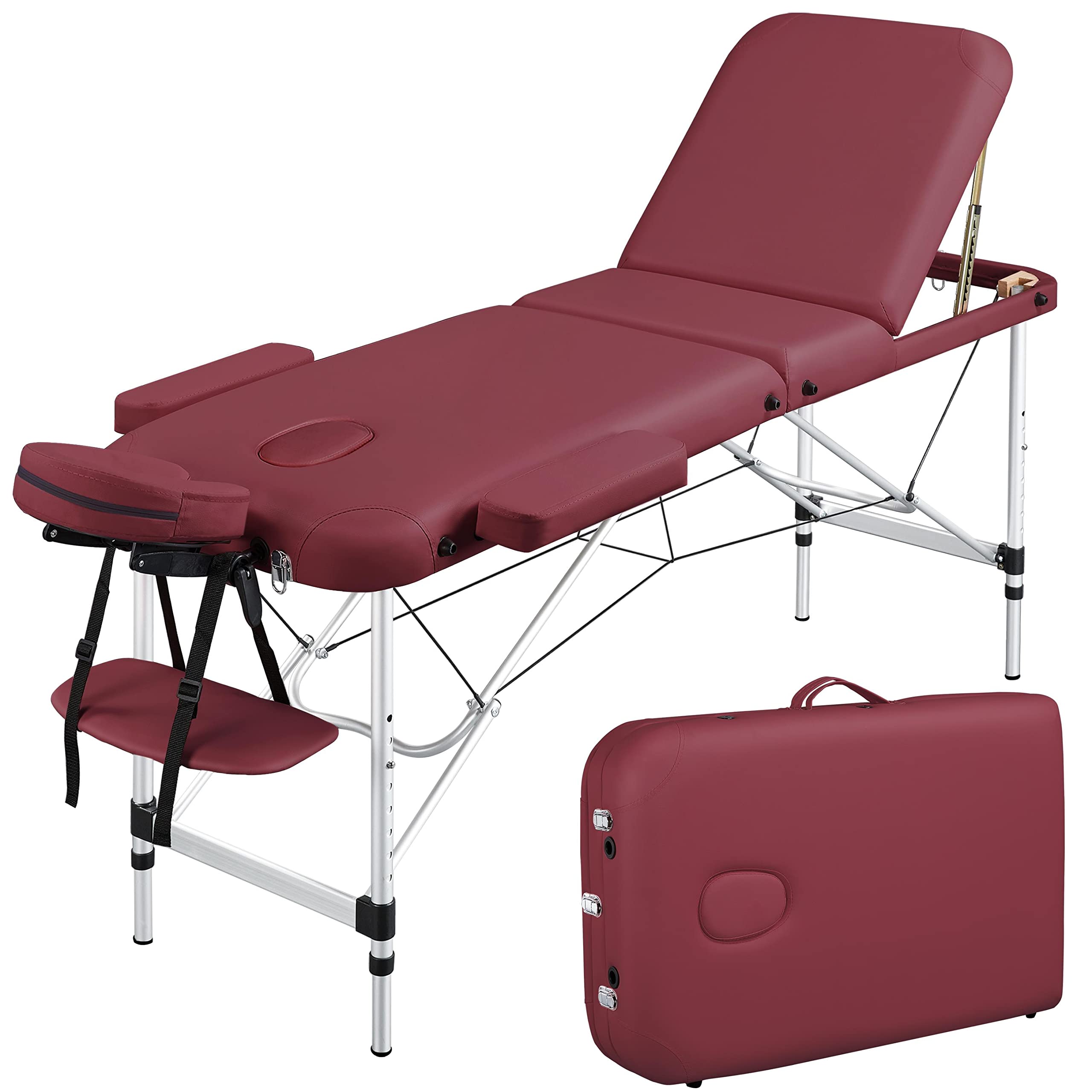Topeakmart Portable Folding Massage Table - Adjustable Height 84 Inch Aluminum Spa Therapy Bed for Salon, Home & Professional Use - Burgundy | Perfect for Massage Therapists, Chiropractors & Home Relaxation