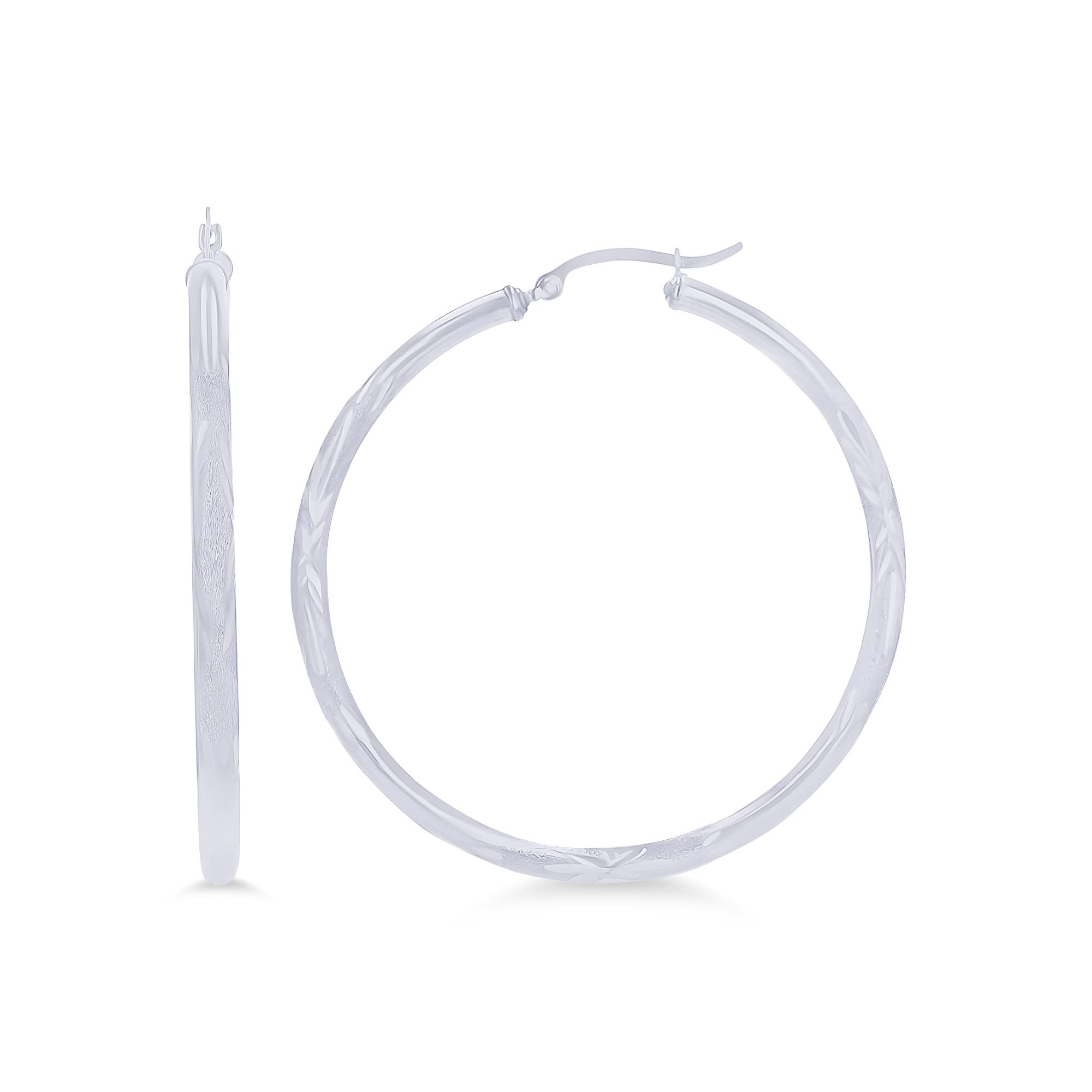 14K Yellow or White Gold 3mm Solid Polished Diamond Cut Hoop Earrings for Women | Italian Crafted Luxury Hoops | Shiny Everyday & Evening Jewelry (15mm-90mm) | Perfect for Gifts, Weddings & Special Occasions