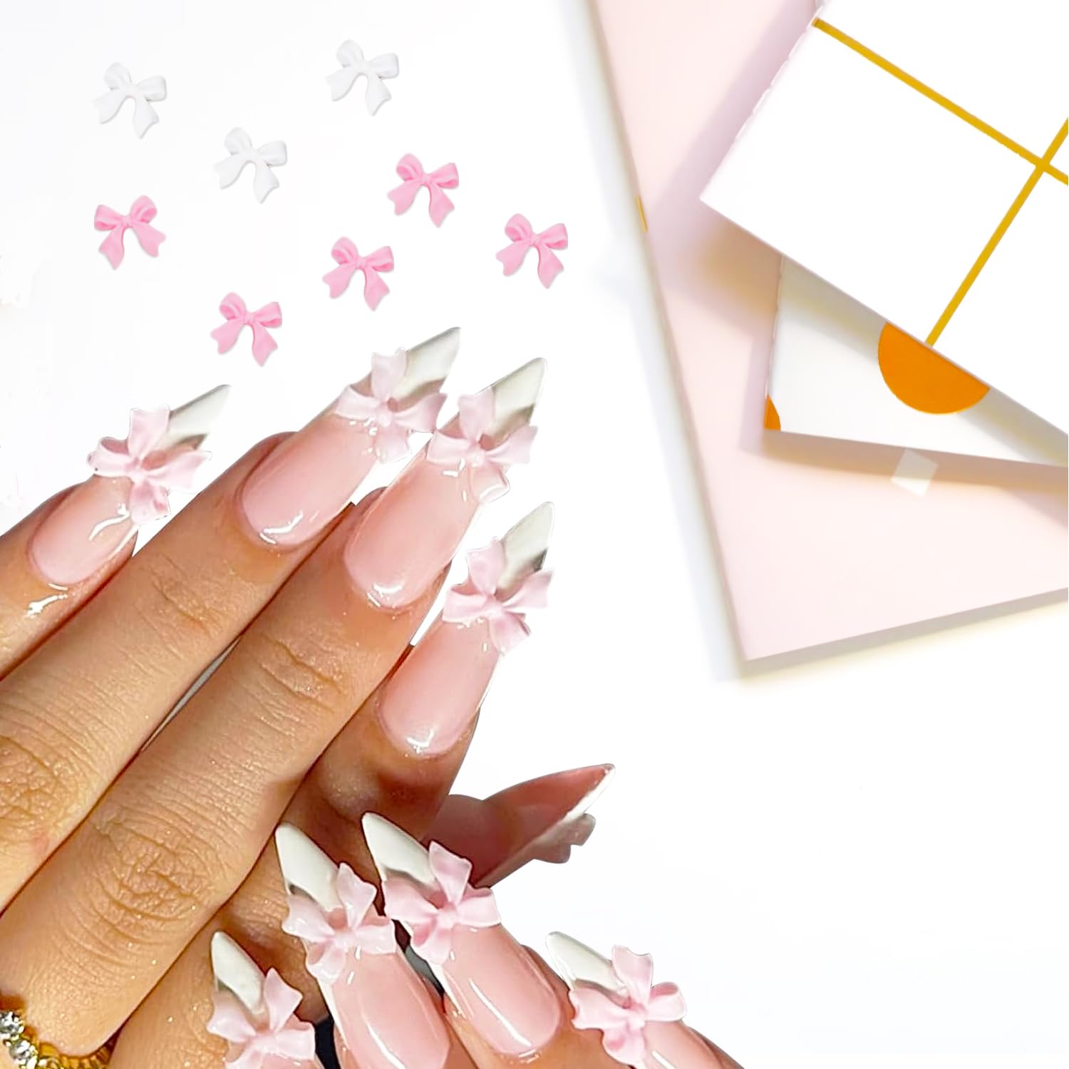 50Pcs 3D Nail Bows Charms - Pink & White Resin Bowknot Nail Art Decorations for Women, DIY Nail Design Supplies, Perfect for Manicures, Parties & Special Occasions