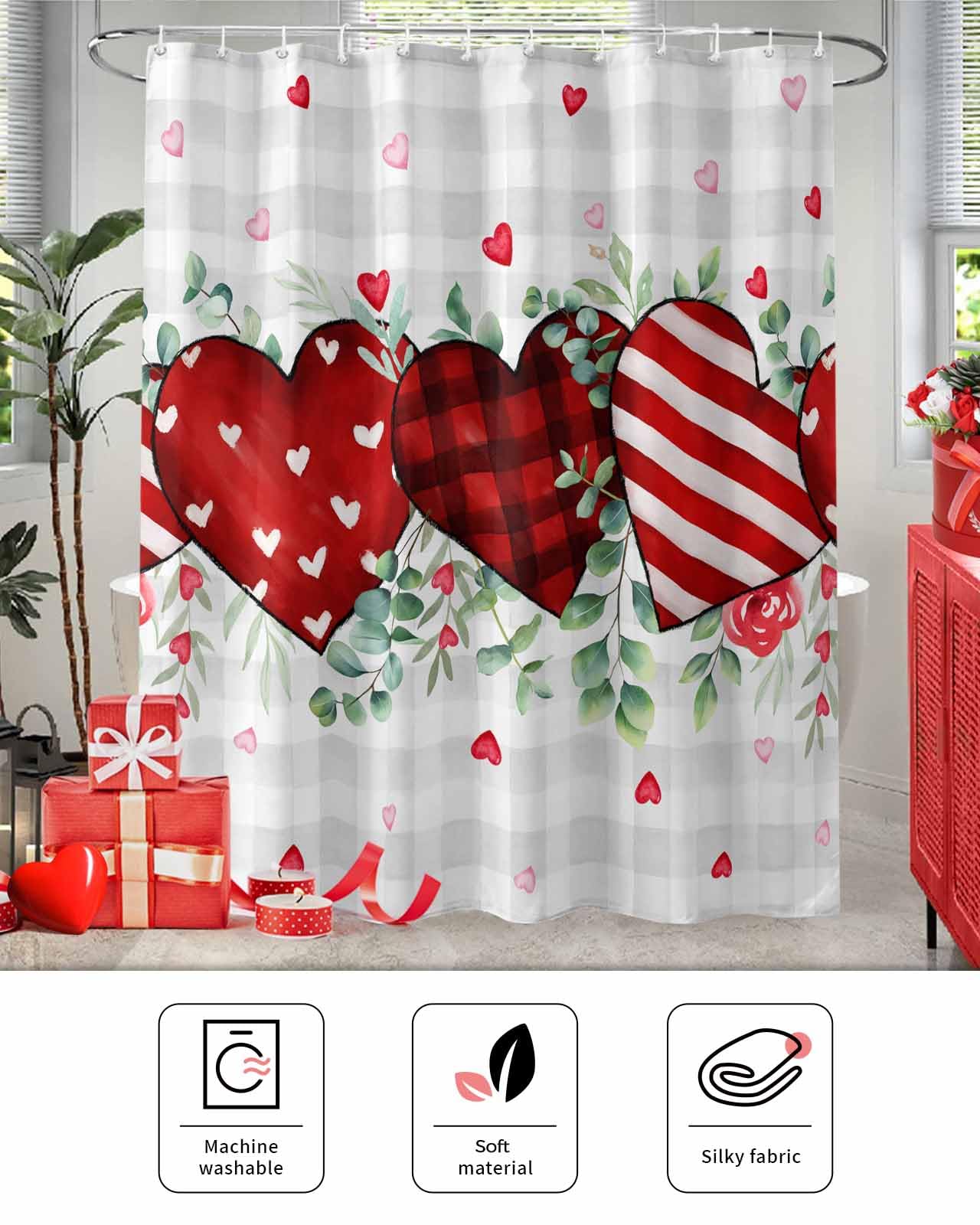Valentine's Day Shower Curtain - Red Heart Leaves Plaid Stripes Funny Bathroom Decor, Waterproof & Washable Fabric Shower Curtain with Hooks, 72x84 Inch - Perfect for Romantic Bathroom Decorations & Valentine's Gifts