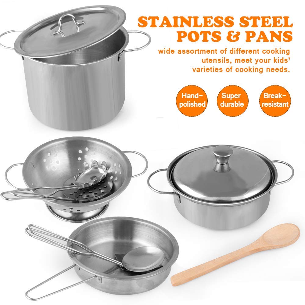 D-FantiX Kids Pretend Play Kitchen Set - Stainless Steel Pots & Pans, Cooking Utensils, Chef Apron & Hat, Cutting Food Toys for Toddlers Boys & Girls | Educational Role Play Toy for Preschool Learning & Imagination Development