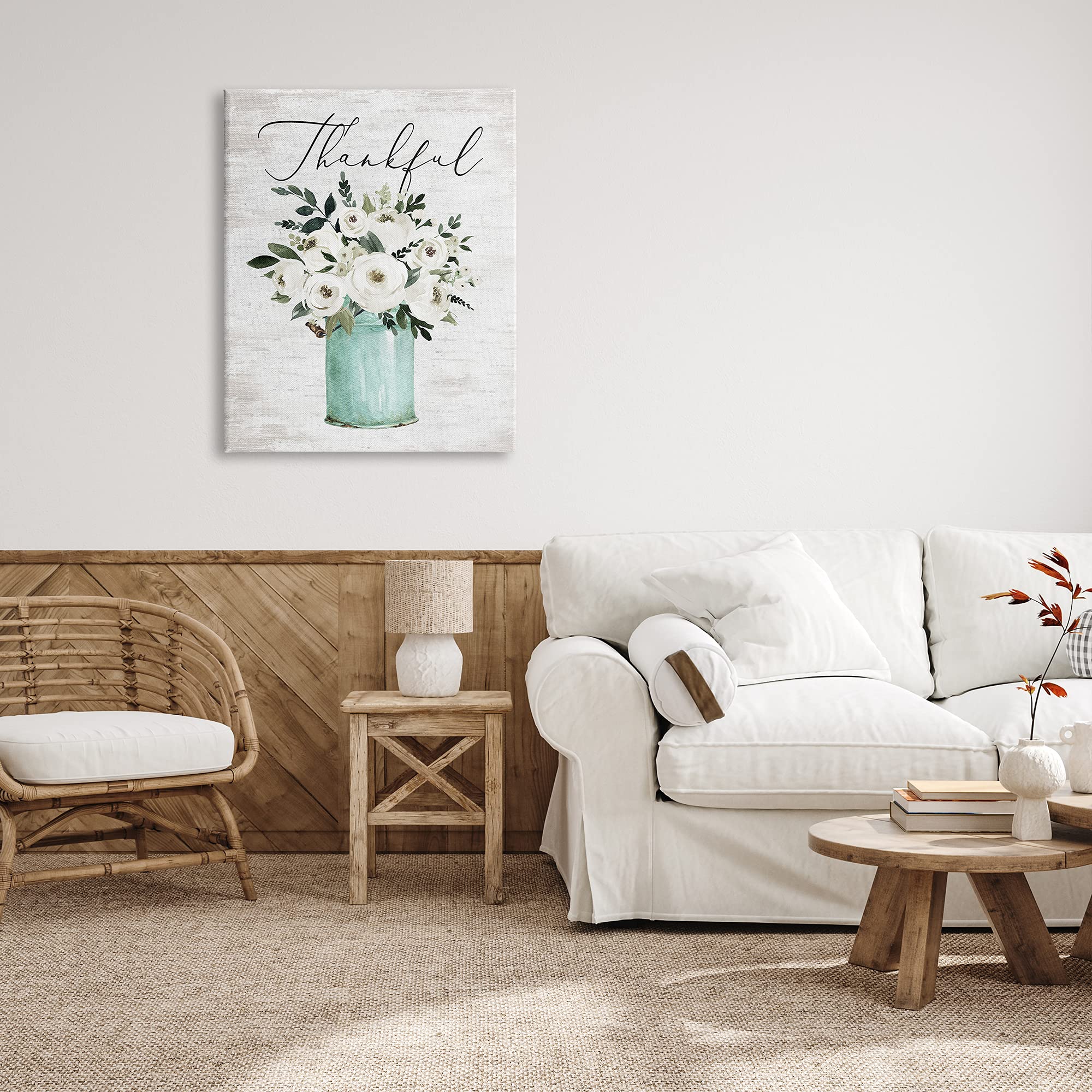 Stupell Industries Thankful Phrase White Ranunculus Floral Bouquet Milk Tin Canvas Wall Art - 30
