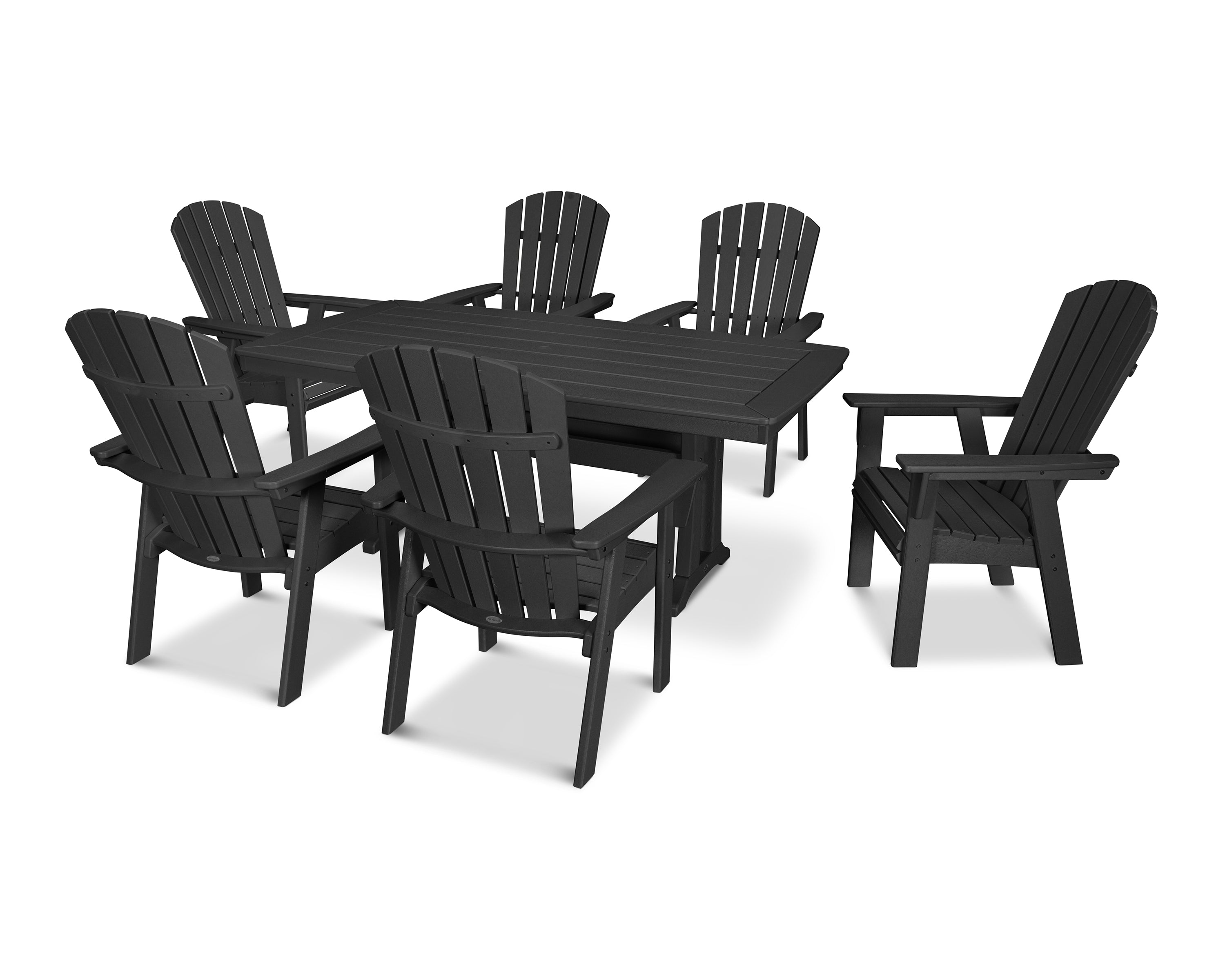 POLYWOOD Nautical Curveback Adirondack 7-Piece Outdoor Dining Set with Trestle Legs - Perfect for Patio, Poolside, and Beachfront Entertaining