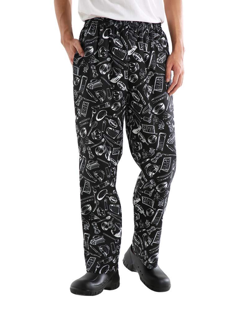 Men’s & Women’s Baggy Printed Chef Pants - Elastic Waist Floral Restaurant Work Pants for Kitchen Staff & Culinary Professionals | Comfortable Uniform for Cooking, Baking & Food Service