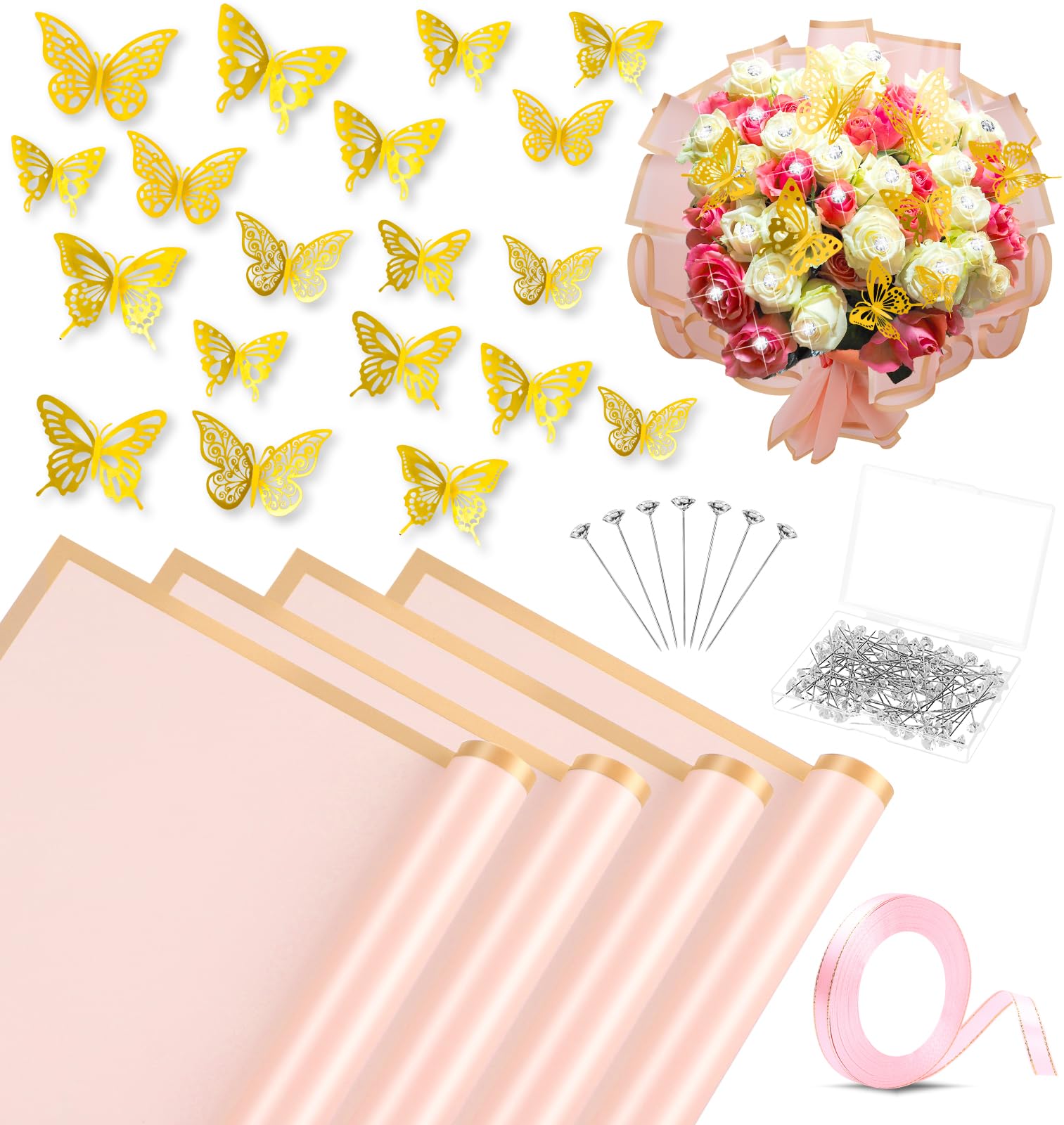 ROADPLUM 20 Sheets Pink Floral Wrapping Paper Set - Includes 100 Diamond Bouquet Pins, 60 3D Gold Butterflies & 1 Roll Ribbon for DIY Flower Arrangement, Gift Wrapping, Wedding Bouquets, Birthday Presents and Craft Projects