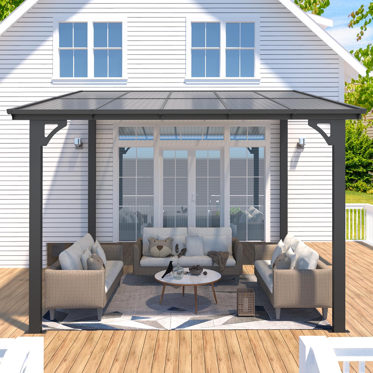 AECOJOY 10' x 8' Hardtop Wall-Mounted Gazebo Pergola with Roof - 80 Sq.Ft Shaded Outdoor Canopy for Patio, Deck, Backyard - Heavy Duty Weatherproof Lean-to Awning for Garden, BBQ, and Outdoor Relaxation