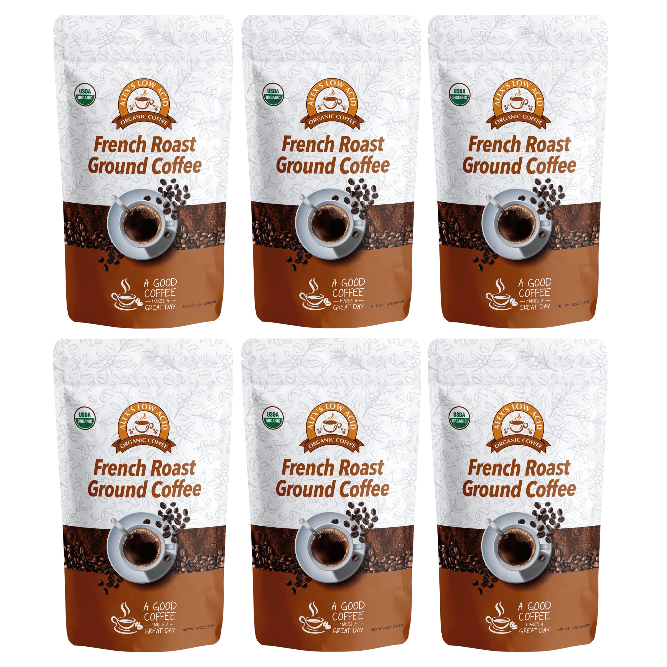 Organic Low Acid Coffee Beans - 12oz French Roast Ground Coffee (Pack of 6) | Fresh & Smooth Flavor for Sensitive Stomachs | Perfect for Morning Brew, Office & Camping