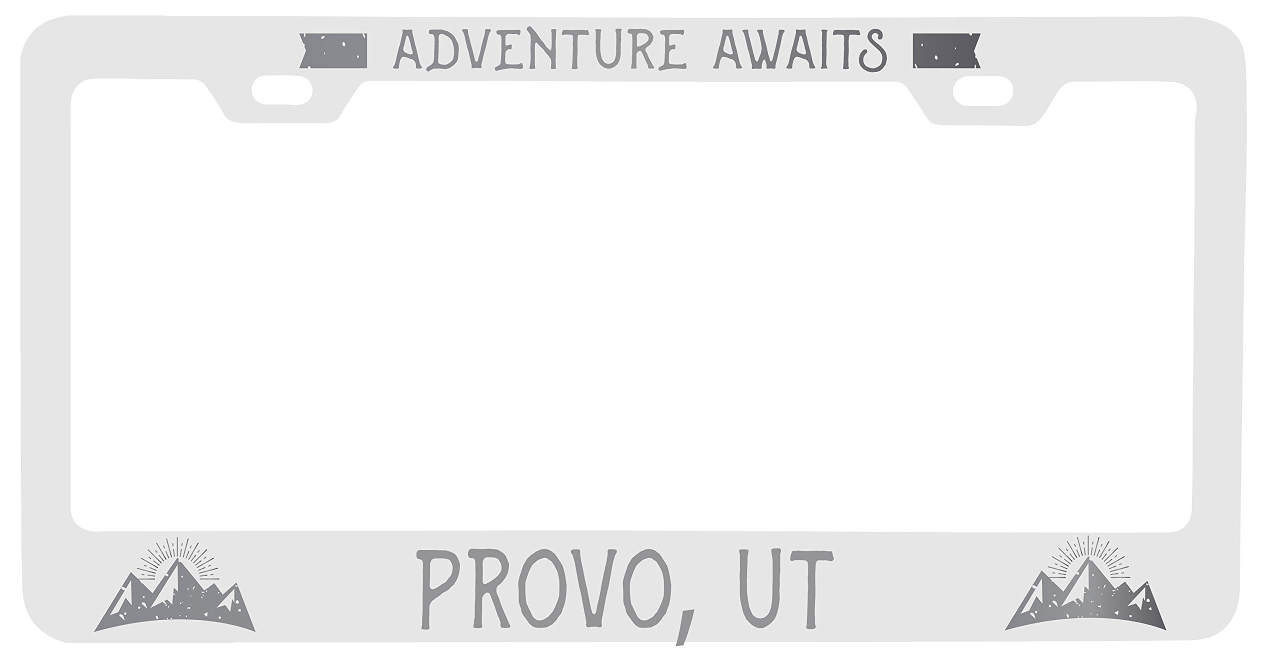 Provo Utah Laser Engraved Metal License Plate Frame - 'Adventures Await' Custom Design - Perfect for Road Trips & Outdoor Enthusiasts