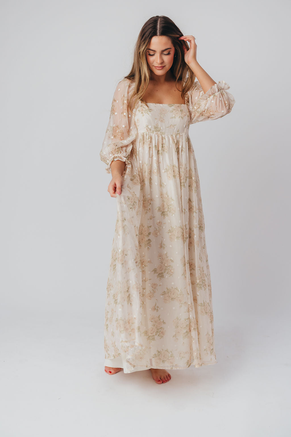 Elegant Cream Floral Smocked Maxi Dress for Women - Bump Friendly Maternity & Inclusive Sizing (S-3XL) | Perfect for Weddings, Beach Vacations & Summer Parties