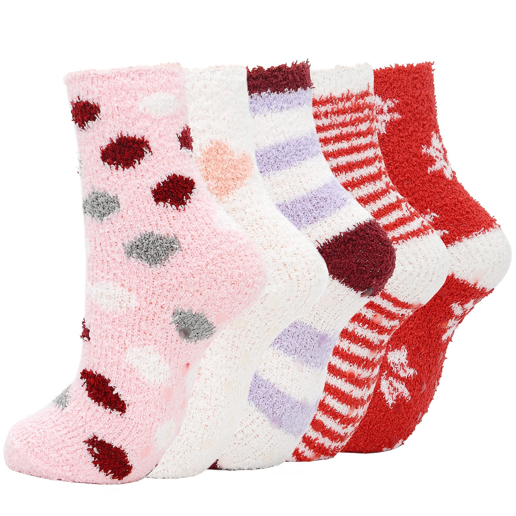 Women's Cozy Fuzzy Gripper Socks - Non-Slip Winter Warm Slipper Socks with Grips for Indoor & Outdoor (Purple & Red, One Size) | Perfect for Christmas Gifts, Lounge Wear, and Cold Weather Comfort