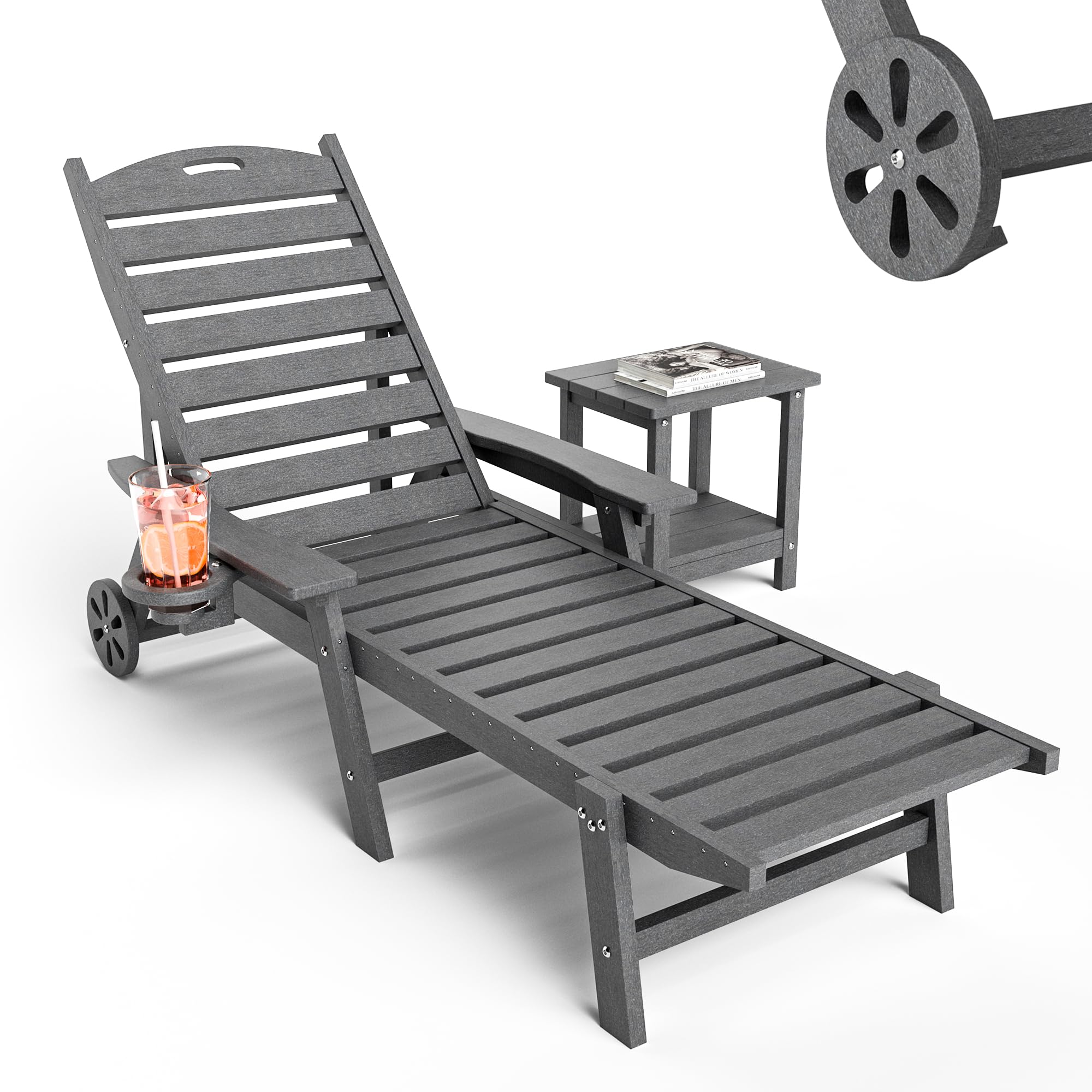 **Pamapic 500 LB Capacity 2-Piece Lounge Chair Set with Coffee Table - Wide Armrest Oversized Chaise Lounge with Wheels, 4-Position Adjustable, Cup Holder - Gray Outdoor Poolside Relaxation Chairs for Patio, Backyard & Beach**