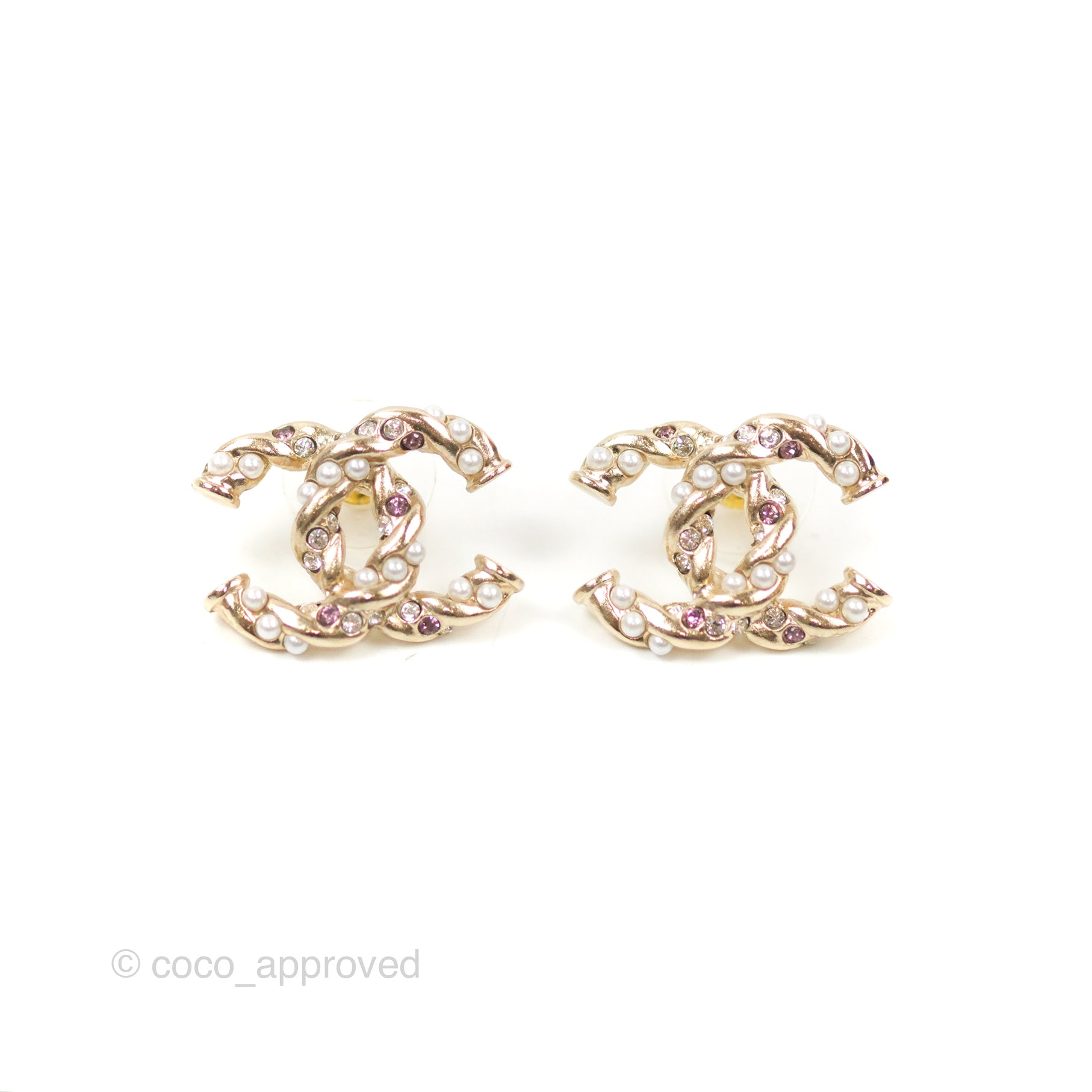 Chanel CC Pearl Crystal Twist Earrings in Gold Tone - Luxury Fashion Jewelry for Women | Perfect for Parties, Weddings & Special Occasions