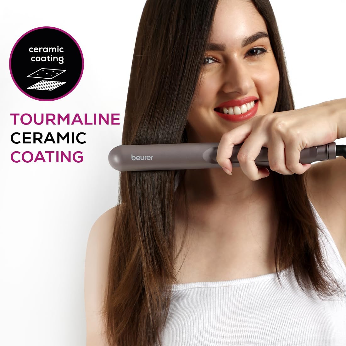 Beurer HS 15 Professional Ceramic Hair Straightener - Compact & Lightweight Flat Iron for All Hair Types (Grey) | Perfect for Travel, Home Use & Salon Styling