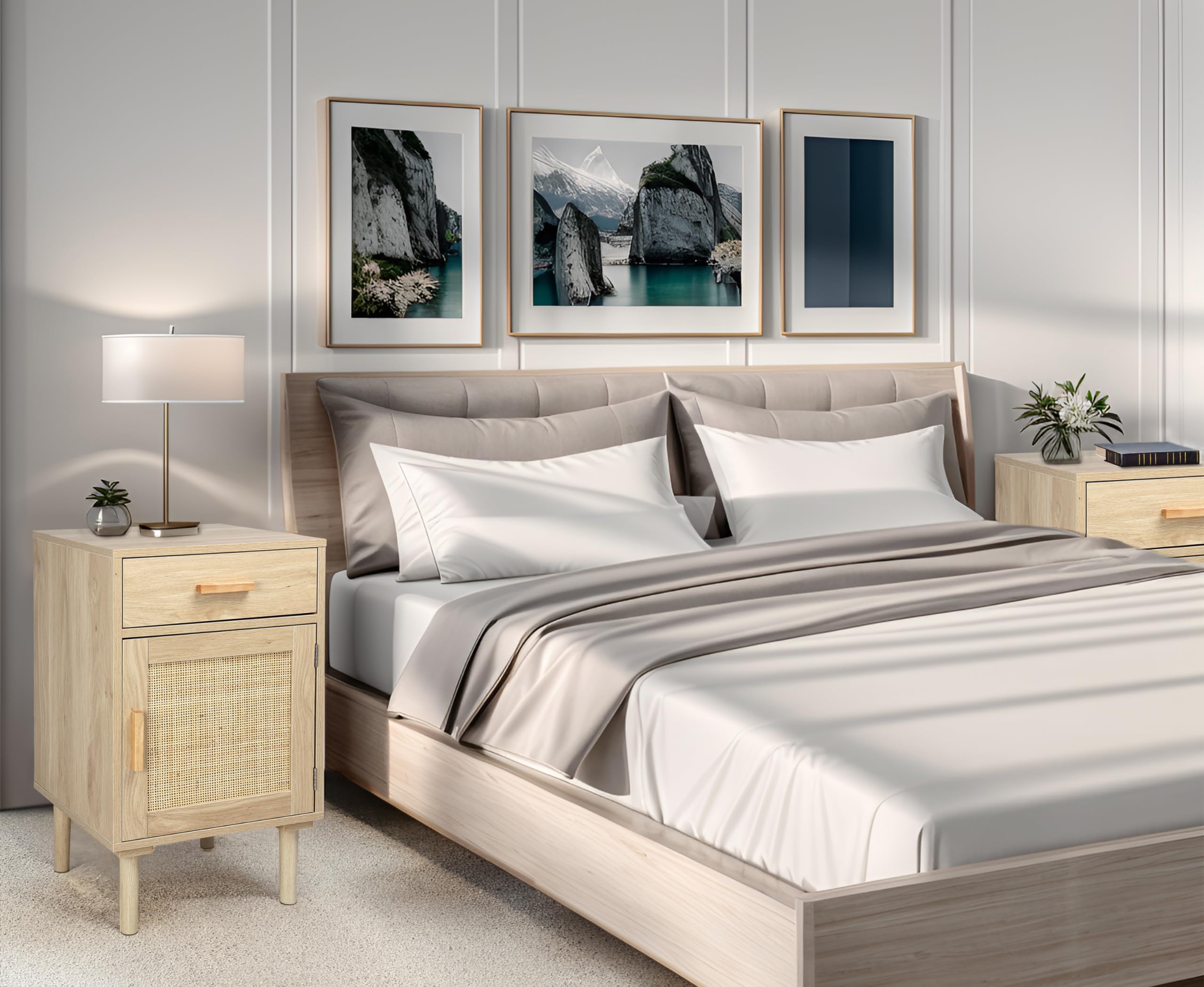 Finnhomy 2-Pack Tall Nightstands with Drawer & Shelf, Handmade Rattan Decor Bedside Tables - Natural Wood Bedroom Storage for Master Bedroom, Guest Room, or Dorm