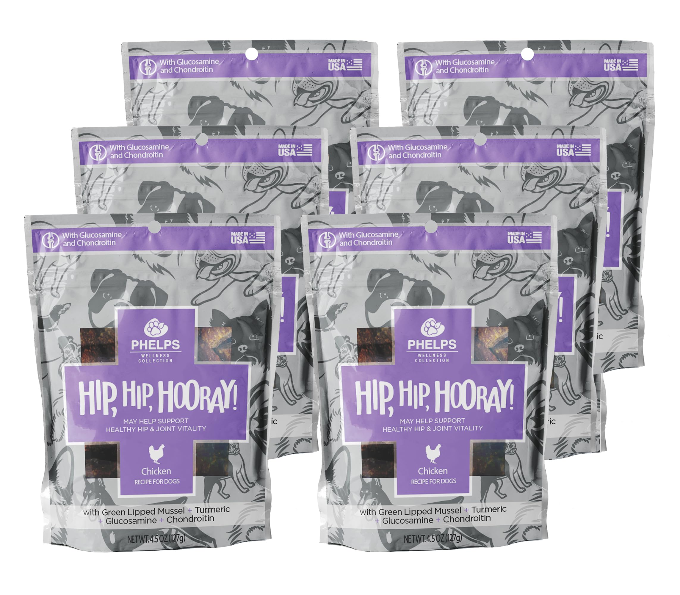 Phelps Wellness Collection Hip Hip Hooray Joint Health Chicken Recipe Dog Treats - 6 Pack (4.5 oz Each) - Supports Mobility & Joint Care for Dogs - Perfect for Senior Dogs & Active Pets