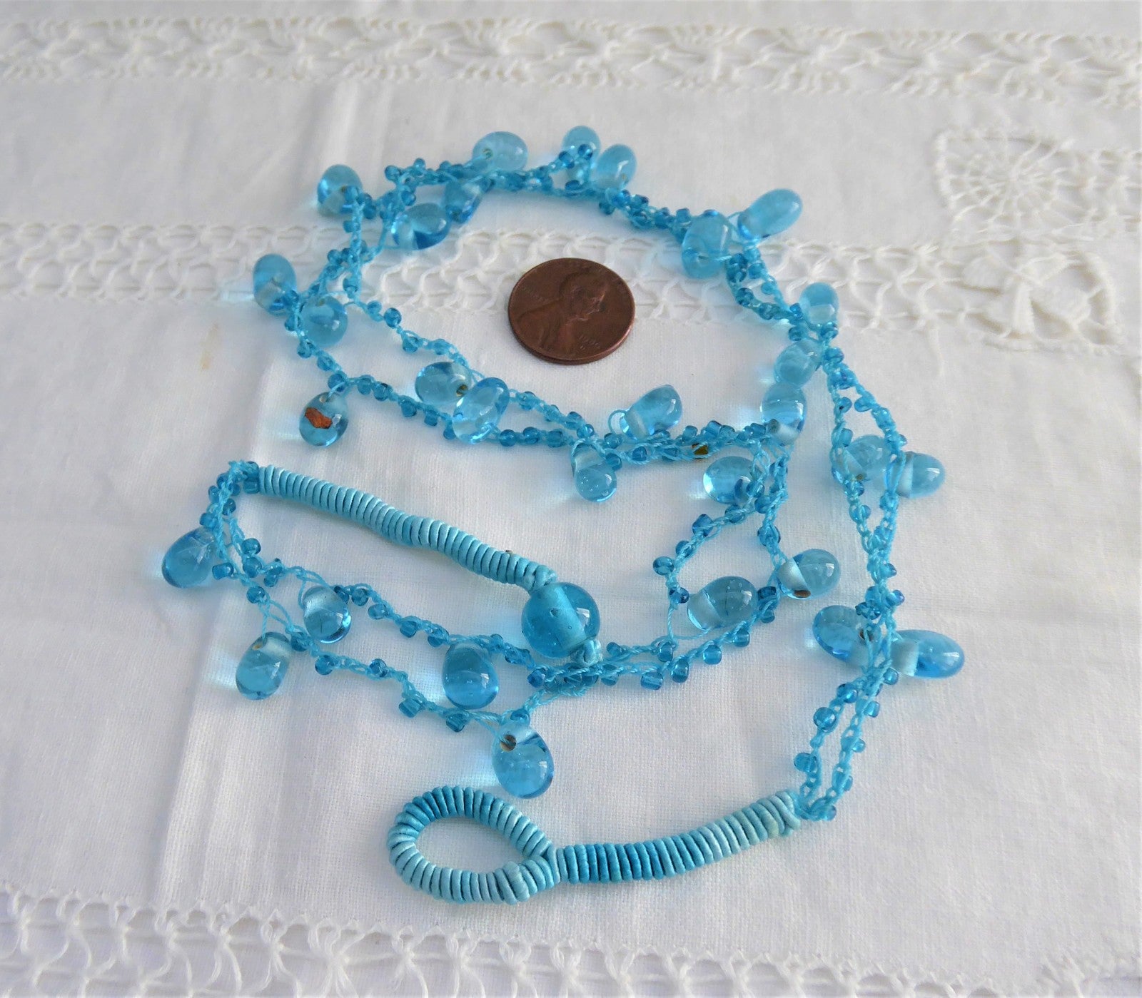 Handmade Turquoise Blue Art Glass Necklace - Unique Crocheted Teardrop Pendant - Glacier Ice Blue Jewelry for Women - Perfect for Boho Chic, Beach Wedding & Gift Giving