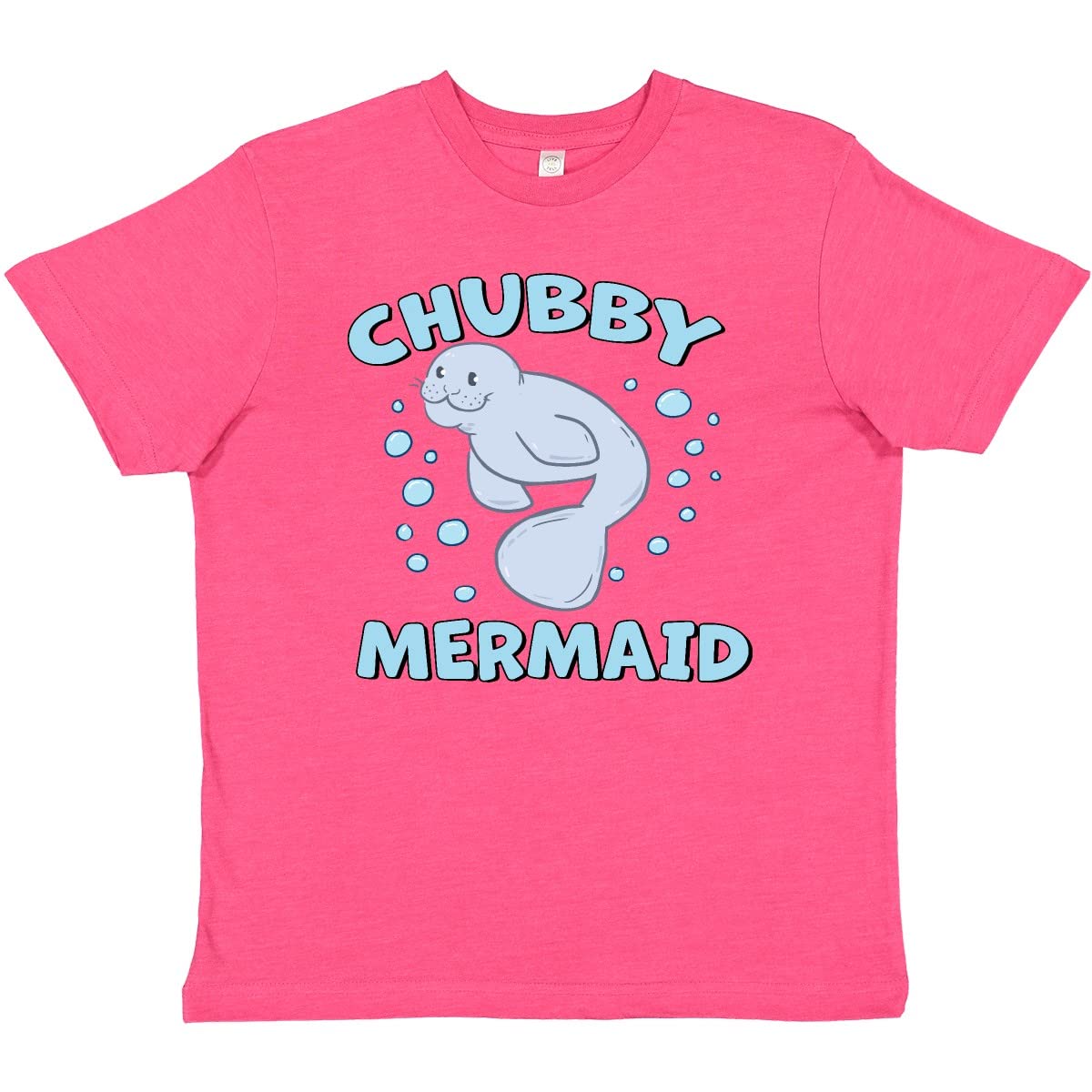 Inktastic Chubby Mermaid with Cute Manatee and Bubbles Youth T-Shirt | Fun Cartoon Graphic Tee for Kids | Perfect for Beach Trips, Pool Parties & Mermaid-Themed Birthdays