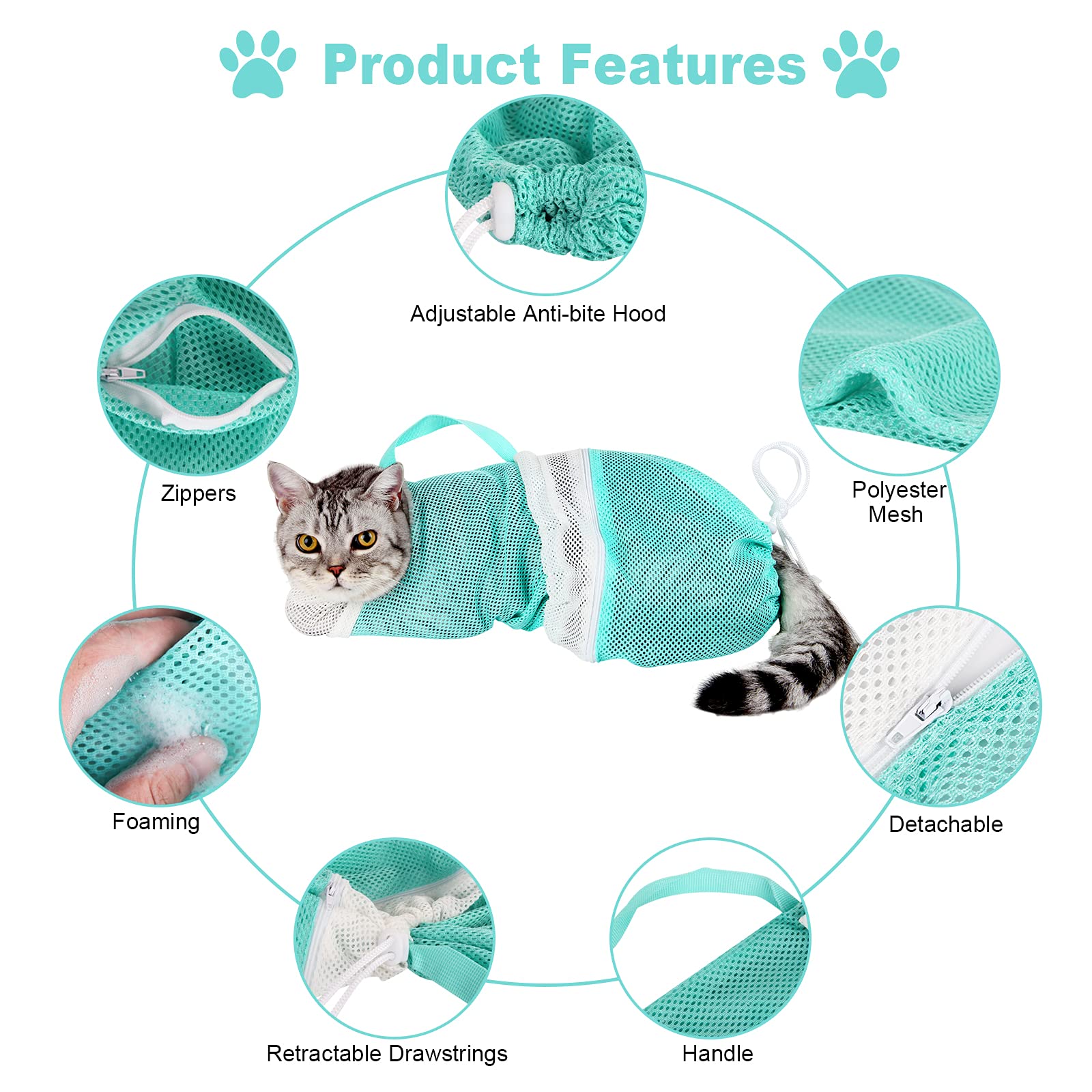 8-Piece Cat & Dog Grooming Kit - Adjustable Pet Shower Net Bag, Bath Brush, Nail Clippers, Nail File, Hair Combs, Tick Tool & Nail Caps - Essential Pet Bathing & Grooming Supplies for Home Use