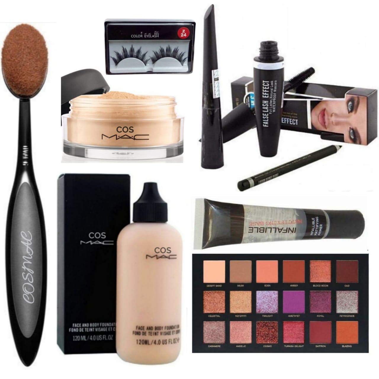 Cosmac Professional Makeup Kit - Waterproof Foundation, Primer, Eyeliner, Mascara, Eyebrow Pencil, Loose Powder & 18-Shade Eyeshadow Palette with Brushes & Lashes (9-Piece Set) | Perfect for Daily Makeup, Special Occasions & Professional Makeup Artists