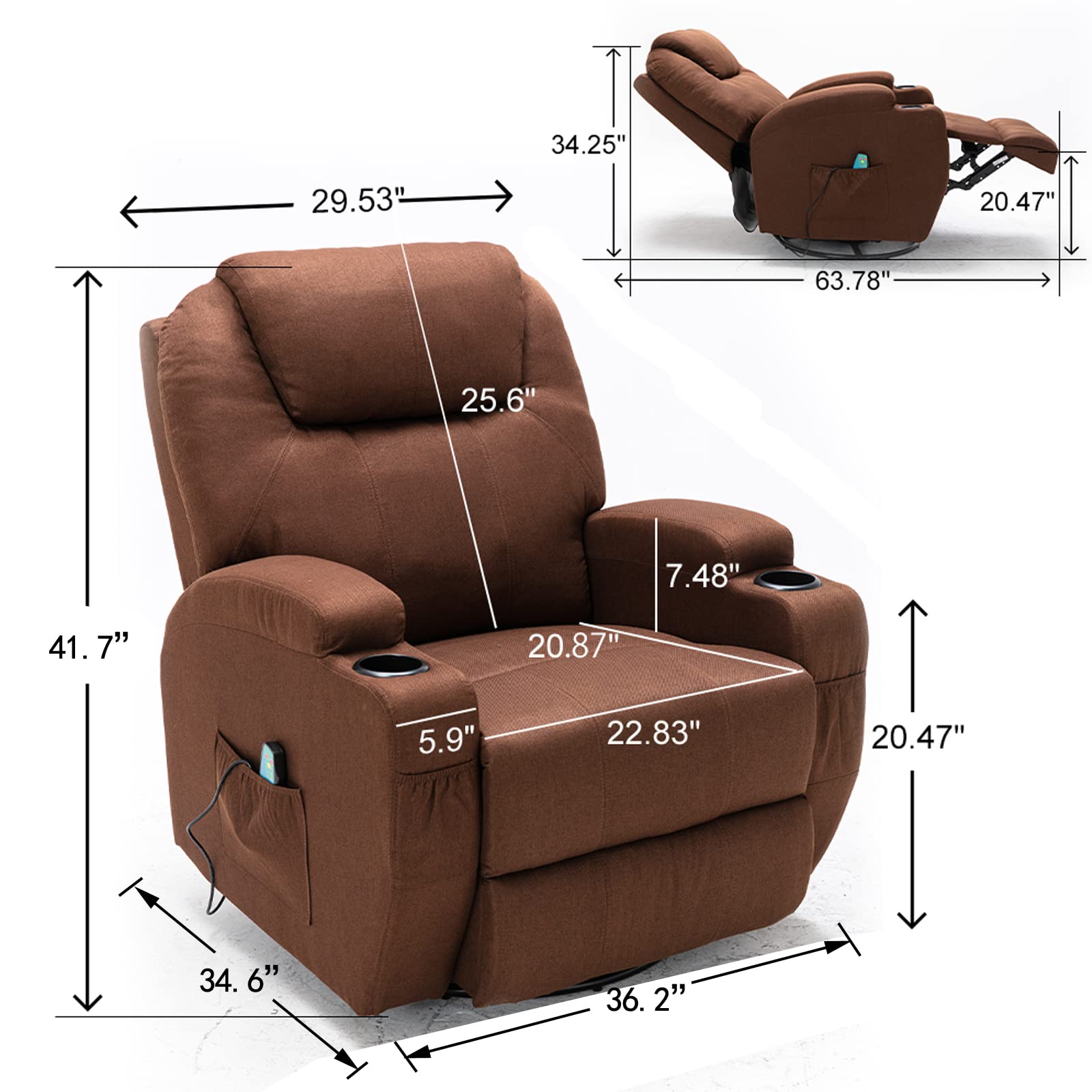 Yoglad Multi-Function Recliner Chair with Seat Heating & 8-Position Massage - Power Lift Recliner with Remote, Cup Holders, Rocking & Swivel Function - Comfortable Theater Recliner for Living Room, Home Theater, Reading Nook (Brown Textile Fabric, 36