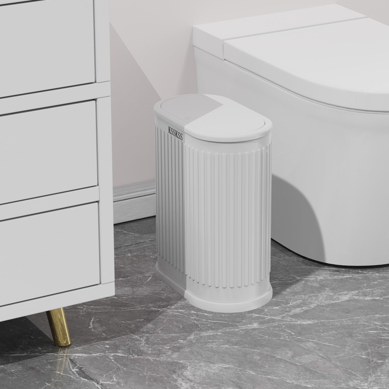 1.8 Gallon Small White Bathroom Trash Can with Lid - Slim Space-Saving Garbage Bin with Removable Liner & Dog-Proof Pop-Up Lid - Perfect for Bathroom, Bedroom, Toilet & Pet-Friendly Homes