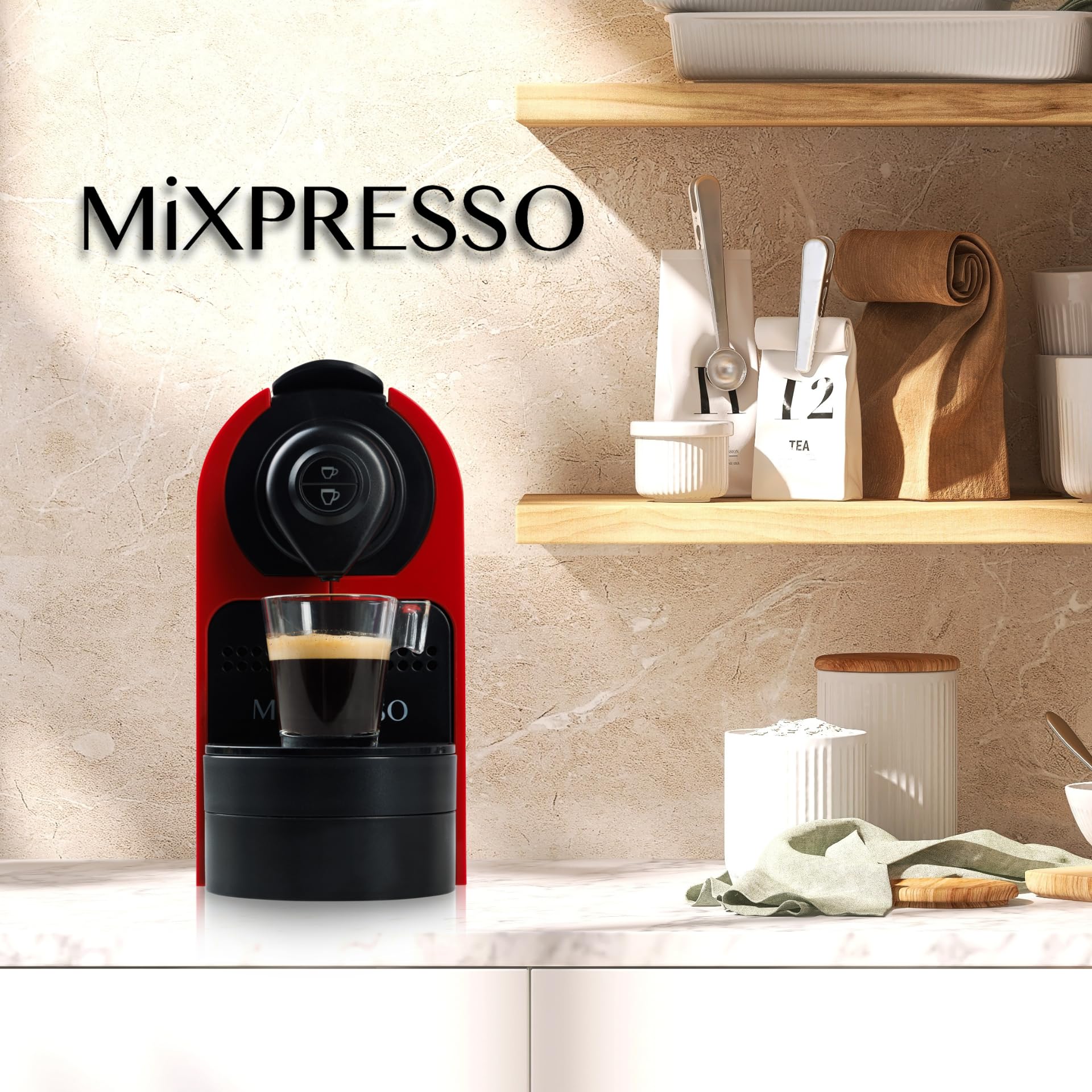 Mixpresso Espresso Machine for Nespresso Compatible Capsules - 19 Bar Italian Coffee Maker with Programmable Single Serve & High Pressure Pump (1400W, 27oz, Red) - Perfect for Home, Office, and Small Kitchen Use