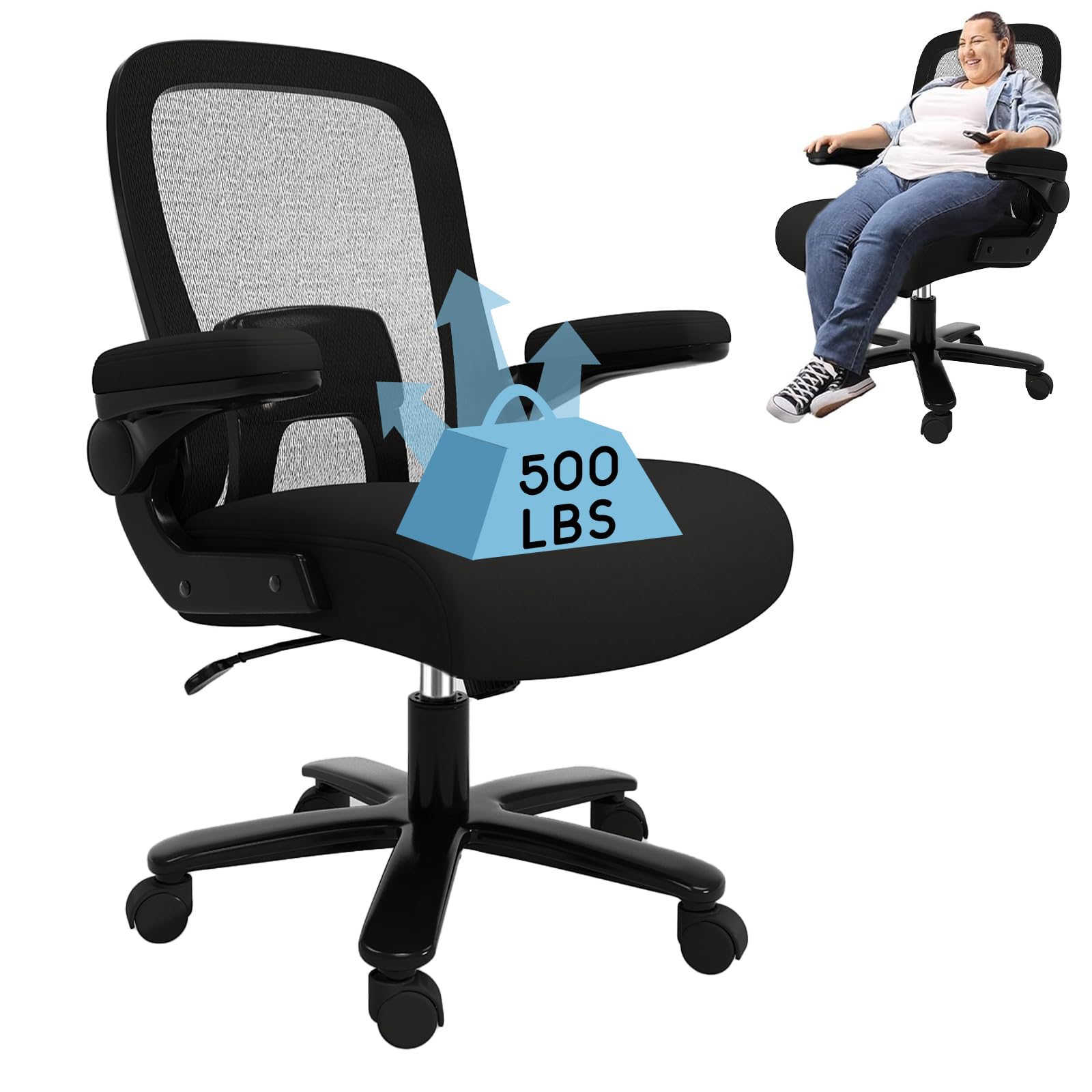 Big and Tall Office Chair 500 lbs - Heavy Duty Ergonomic Desk Chair with Adjustable Lumbar Support & Wide Mesh Seat - Oversized Black Computer Chair for Heavy People - Perfect for Home Office, Gaming, and Long Work Sessions