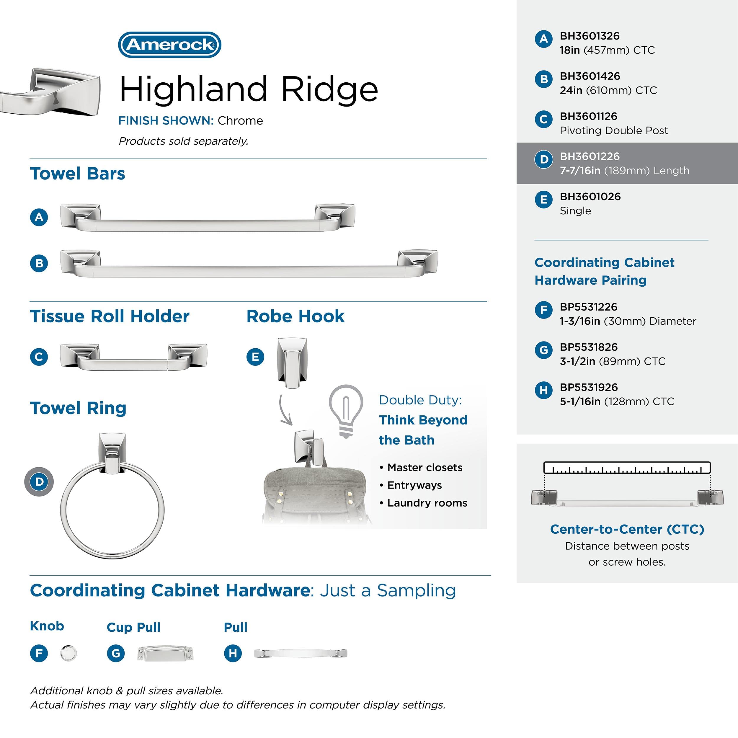 Amerock BH3601226 Chrome Towel Ring - 7-7/16 Inch (189mm) Bathroom Wall Mount Hand Towel Holder - Highland Ridge Collection - Durable Bath Accessories for Kitchen & Powder Room - Perfect for Small Spaces & Guest Bathrooms