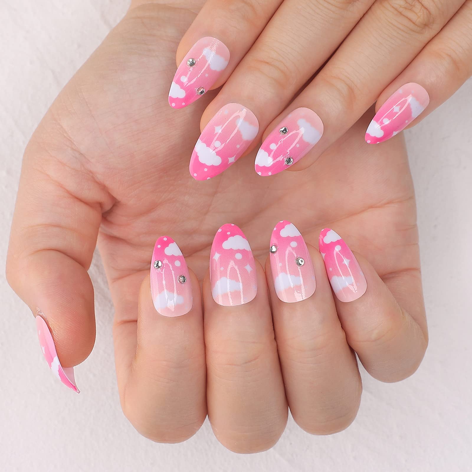 24PCS Medium Length Almond Press On Nails - Ombre Pink Acrylic Fake Nails with White Cloud & Crystal Design | Glossy Artificial Stick On Nails for Women | Perfect for Parties, Weddings & Everyday Manicures