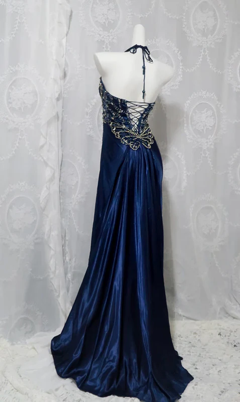 Elegant Navy Blue A-Line Halter Prom Dress with Beaded Slit Detail - Perfect for Evening Gala, Homecoming Dance & Formal Events (Style J6560)