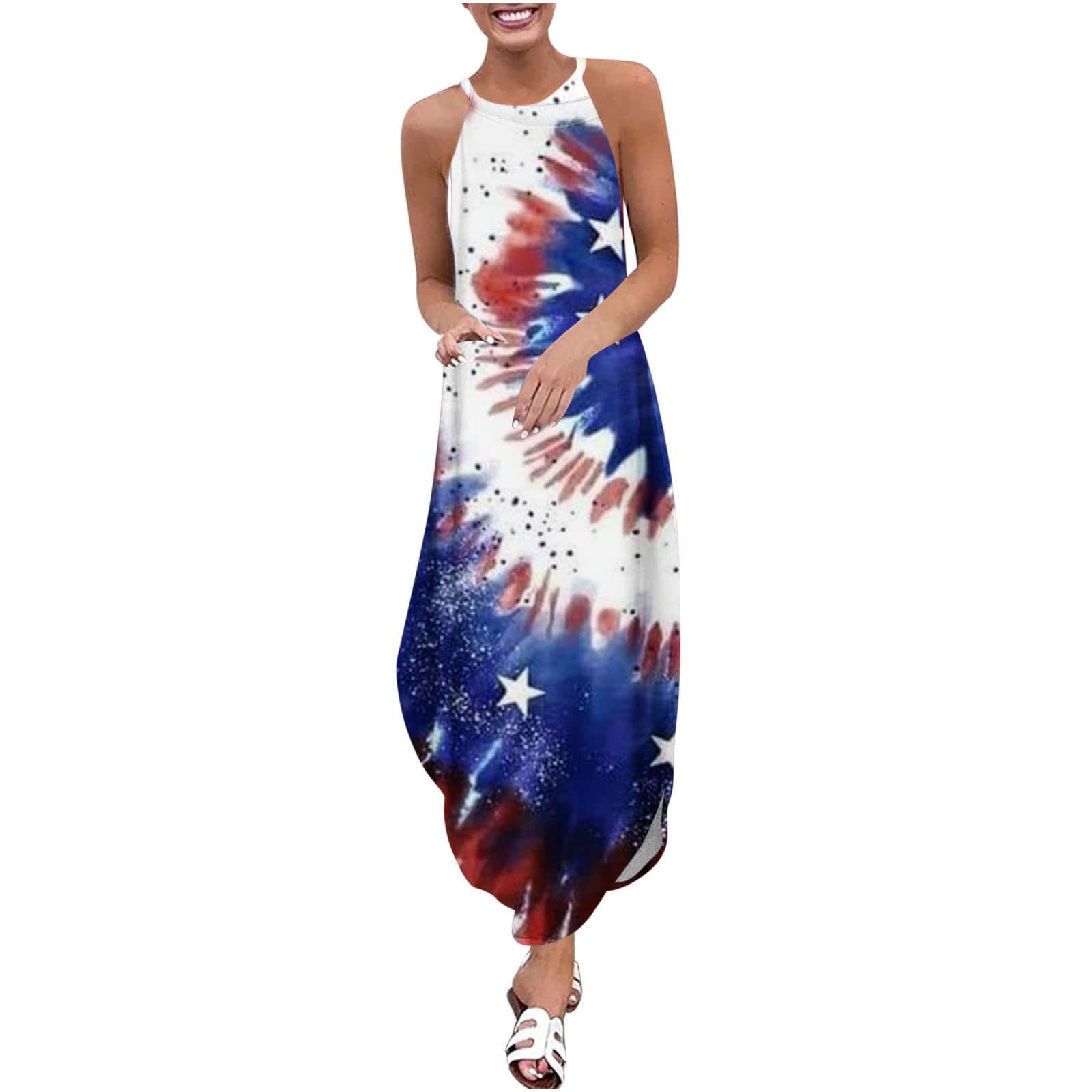 Women's Summer Casual Beach Dress - American Flag Patriotic Maxi Sundress with Short Sleeves | Perfect for 4th of July, Vacations & Boho Outfits