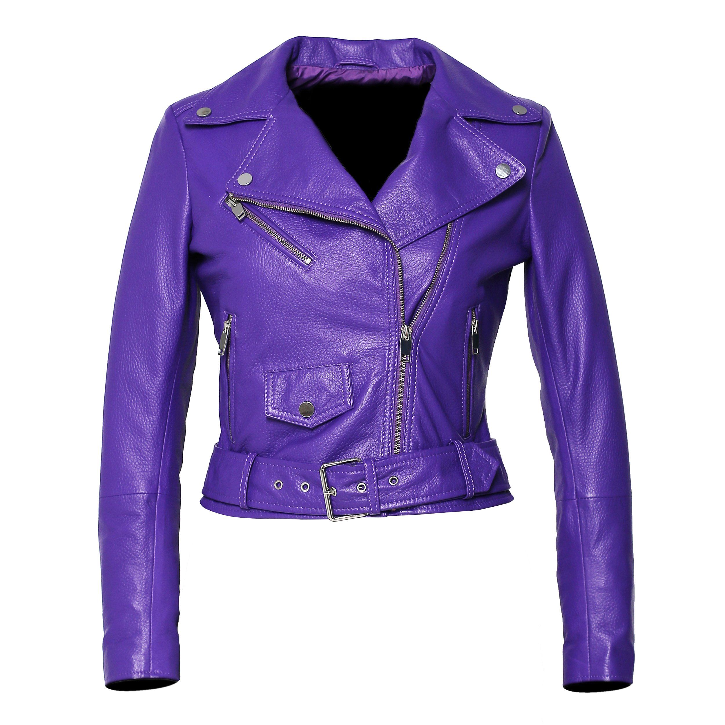 Women's Purple Nappa Leather Jacket - Moto Style with Deerskin Embossed Print | Perfect for Biker Fashion, Night Out & Casual Wear