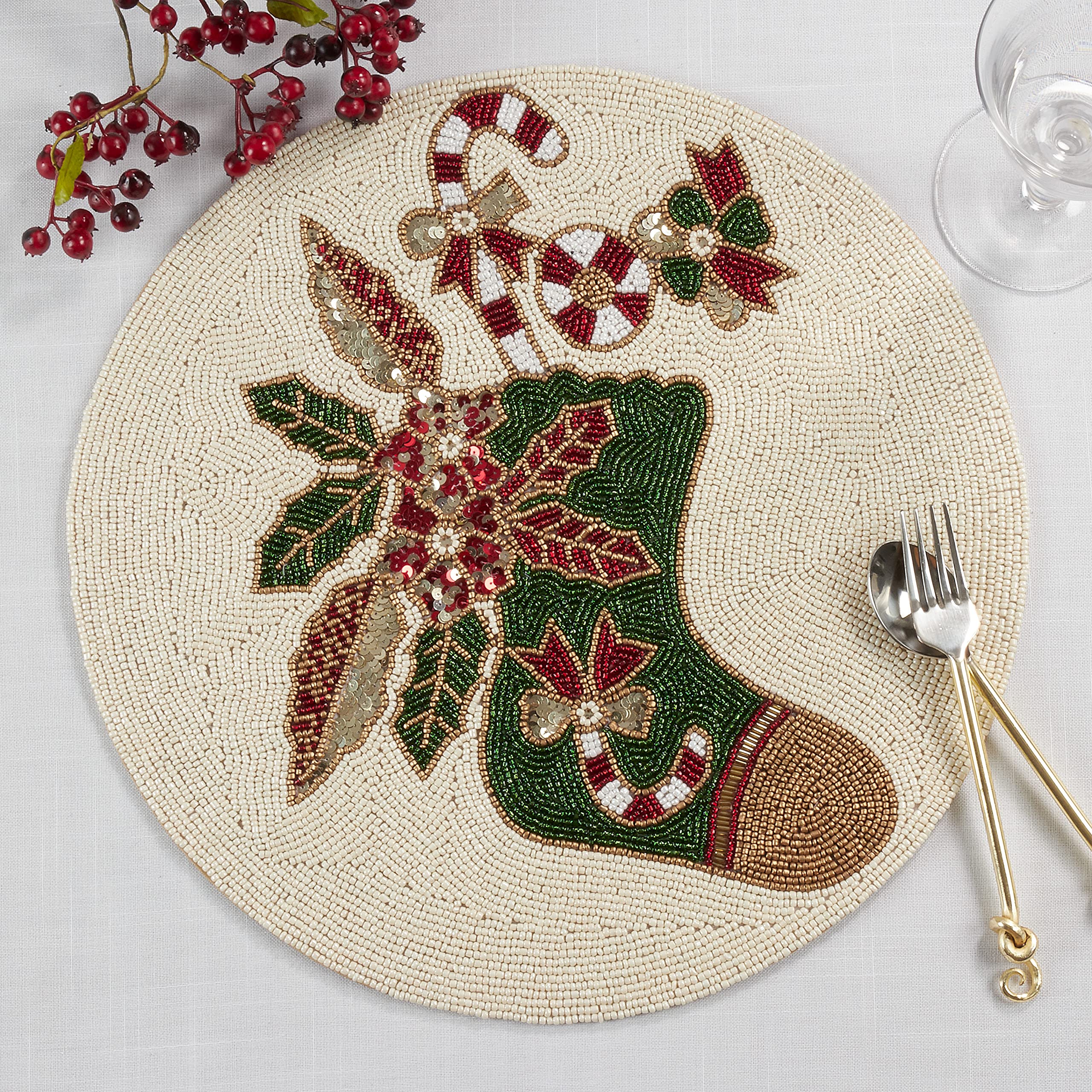 Beaded Christmas Stocking Placemats Set of 4 - Holiday Table Decor for Christmas Dinner, Party & Festive Home Decor