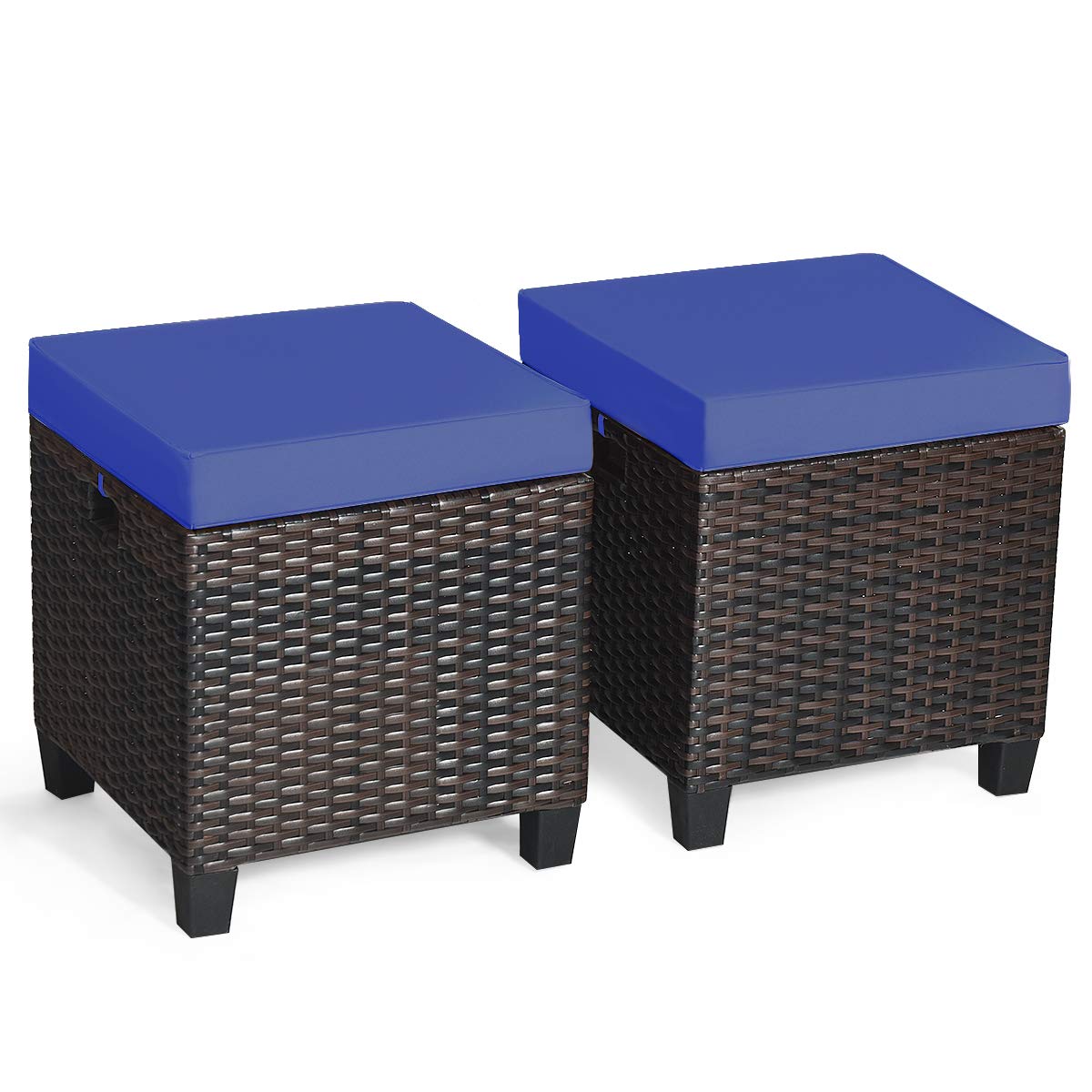 Tangkula 2-Piece Outdoor Patio Ottoman Set - All-Weather Wicker Rattan Footstool with Removable Cushions - Waterproof Garden Furniture for Deck, Poolside & Backyard Relaxation
