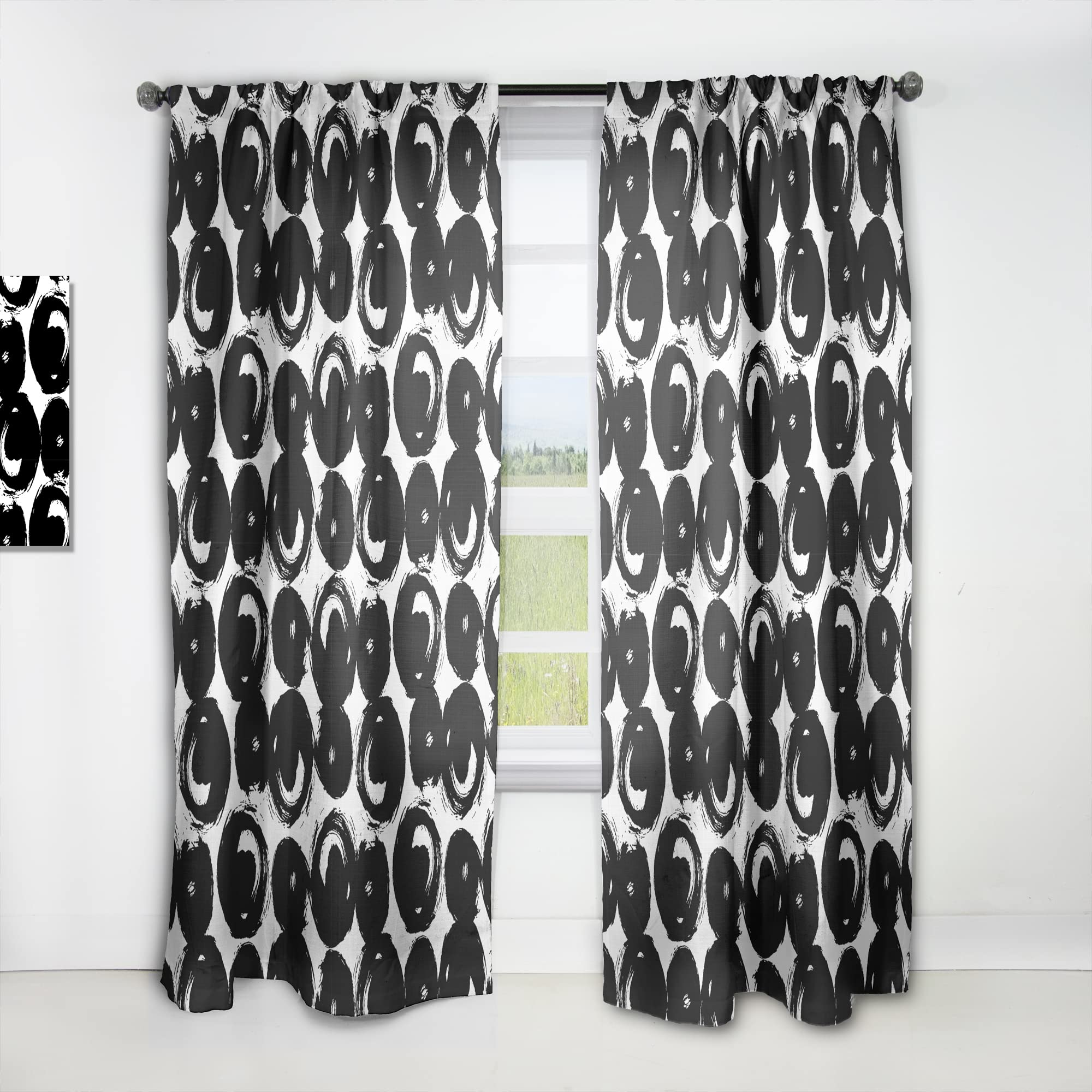DesignQ Hand-Painted Black Circles on White Thermal Insulated Curtain Panel - 52x84 Inches - Elegant Window Treatment for Bedroom & Living Room | Perfect for Home Decor, Light Filtering & Privacy