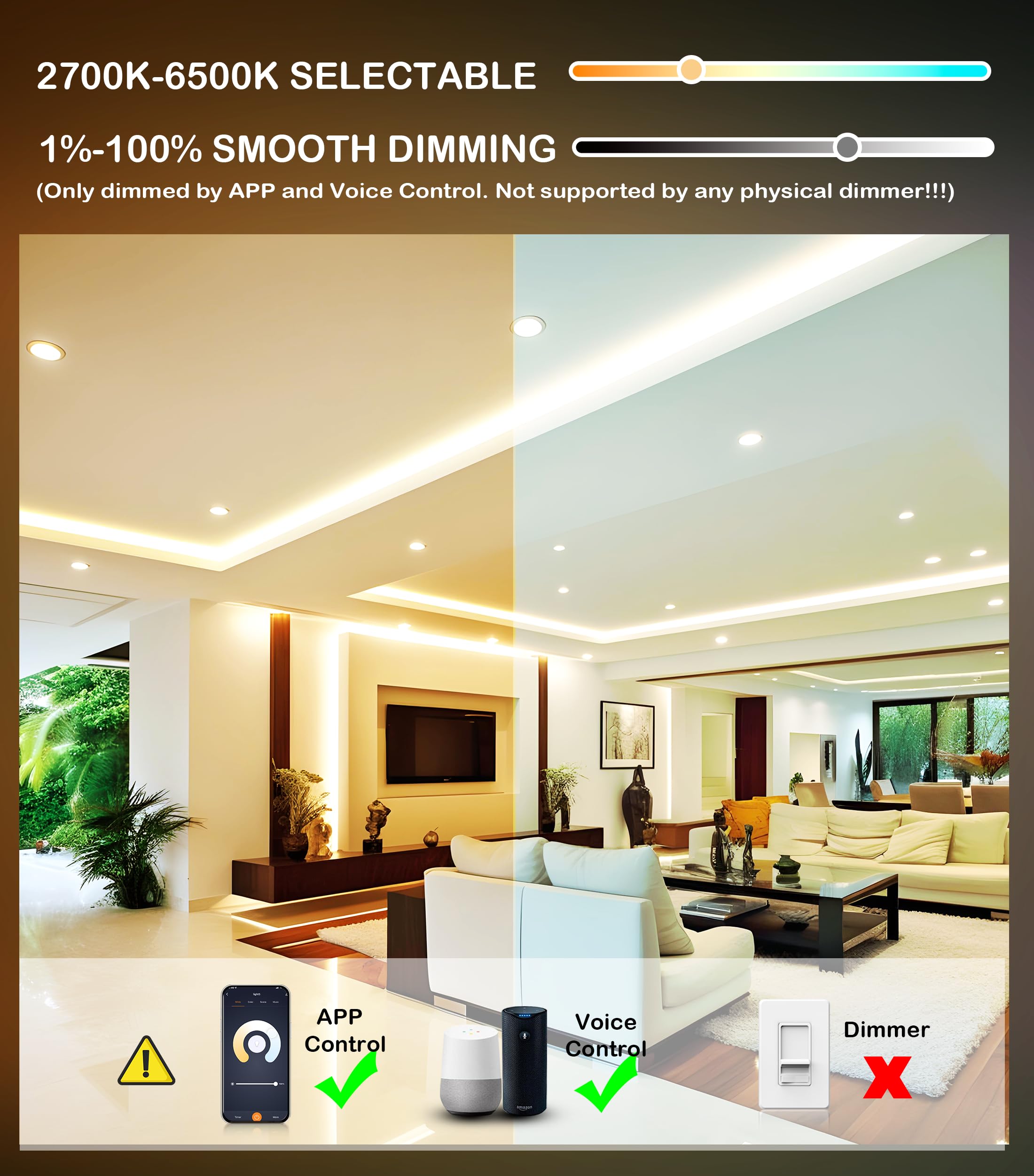 CLOUDY BAY Smart Recessed Ceiling Lights 2 Pack - Multicolor RGB LED with 800 Lumens & 2700K-6500K CCT - Voice Control via Alexa/Google Assistant - App & Timer Function - Perfect for Living Room, Bedroom & Kitchen Lighting