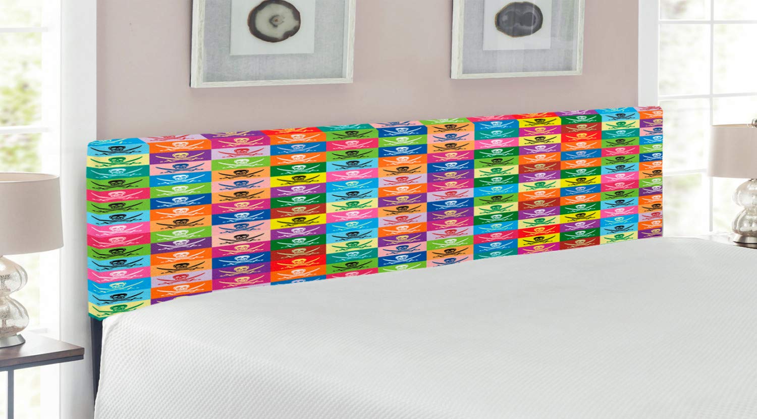 Ambesonne Pirate Skull Headboard - Jolly Roger Inspired Colorful Design, Upholstered Metal Bed Headboard with Memory Foam, King Size, Multicolor - Perfect for Pirate Themed Bedrooms, Gothic Decor & Adventure Lovers