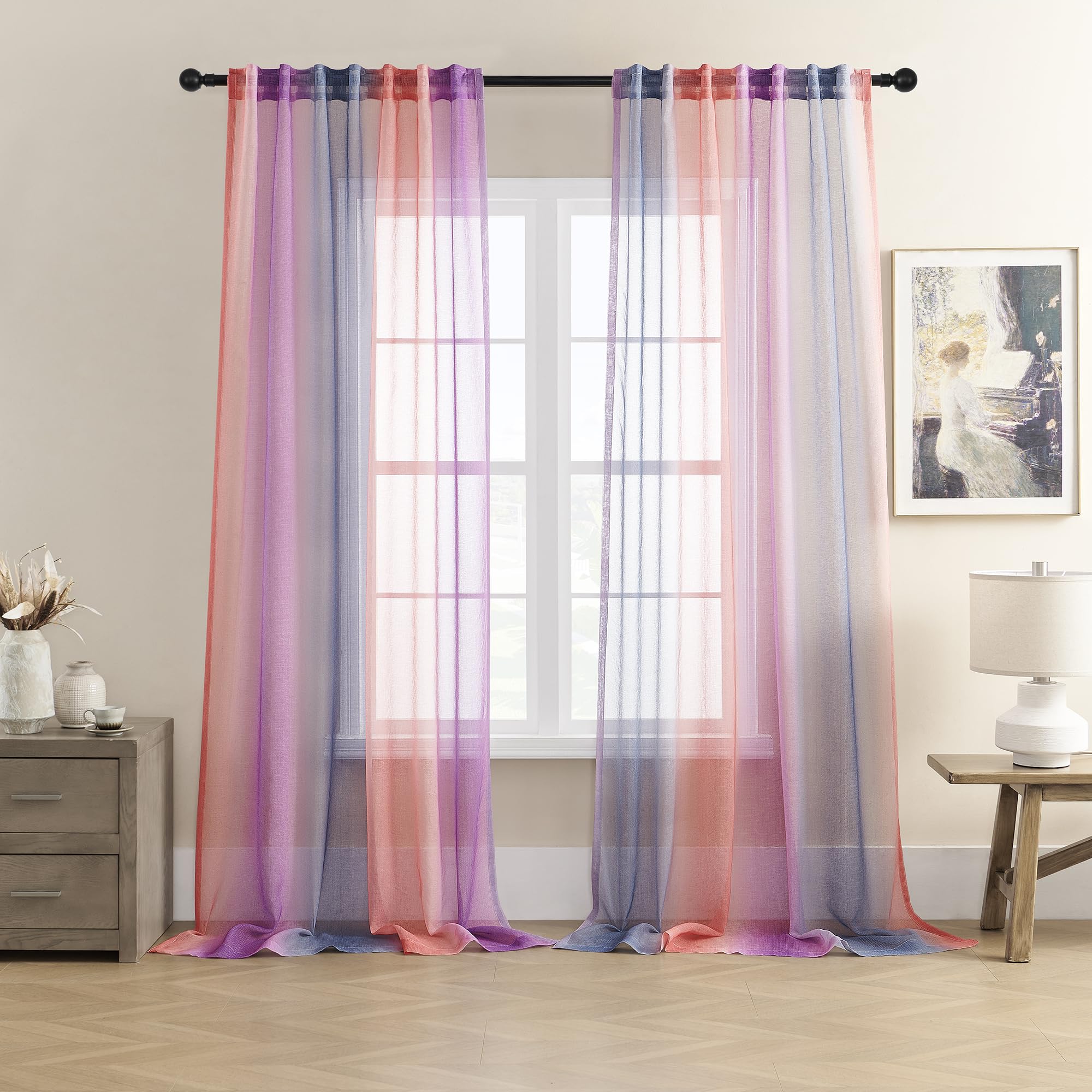 XiDi Sheer Ombre Curtains 63 Inch Length, Pink Green Purple Gradient Light Filtering Drapes for Bedroom & Living Room - 52 Inch Wide Rod Pocket (Set of 2 Panels) | Elegant Window Treatment for Home Decor & Sun Protection
