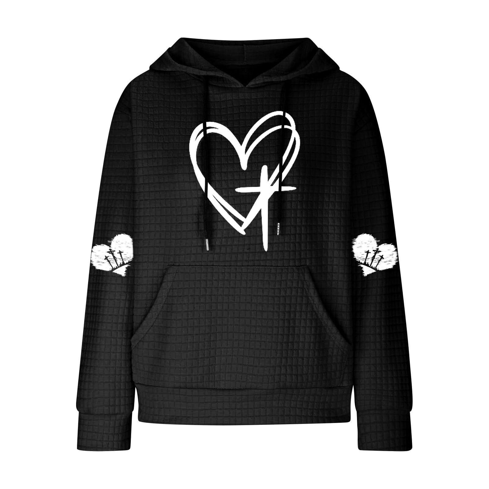 Oelaio Women's Casual Sweatshirt - Waffle Knit Hoodie with Drawstring & Heart Print, Long Sleeve Oversized Pullover for Women | Perfect for Fall Outfits, Lounge Wear and Date Nights