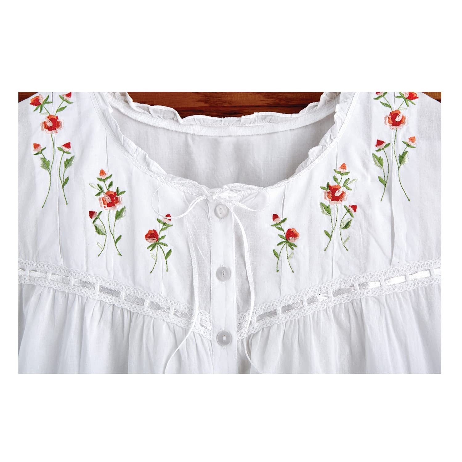LA CERA Women's 3/4 Sleeve Cotton Nightgown - Soft 100% Cotton Sleepwear with Side Pockets, Rose Embroidery & Ribbon Trim - Perfect for Relaxing at Home, Lounging & Comfortable Sleep