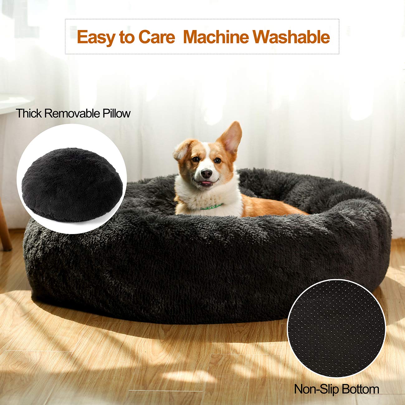 Washable Donut Dog Bed for Medium & Large Dogs - Fluffy Round Calming Cuddler Pet Bed with Faux Fur, Also Perfect for Small Cats | Cozy Sleeping Spot for Pets in Living Room or Bedroom