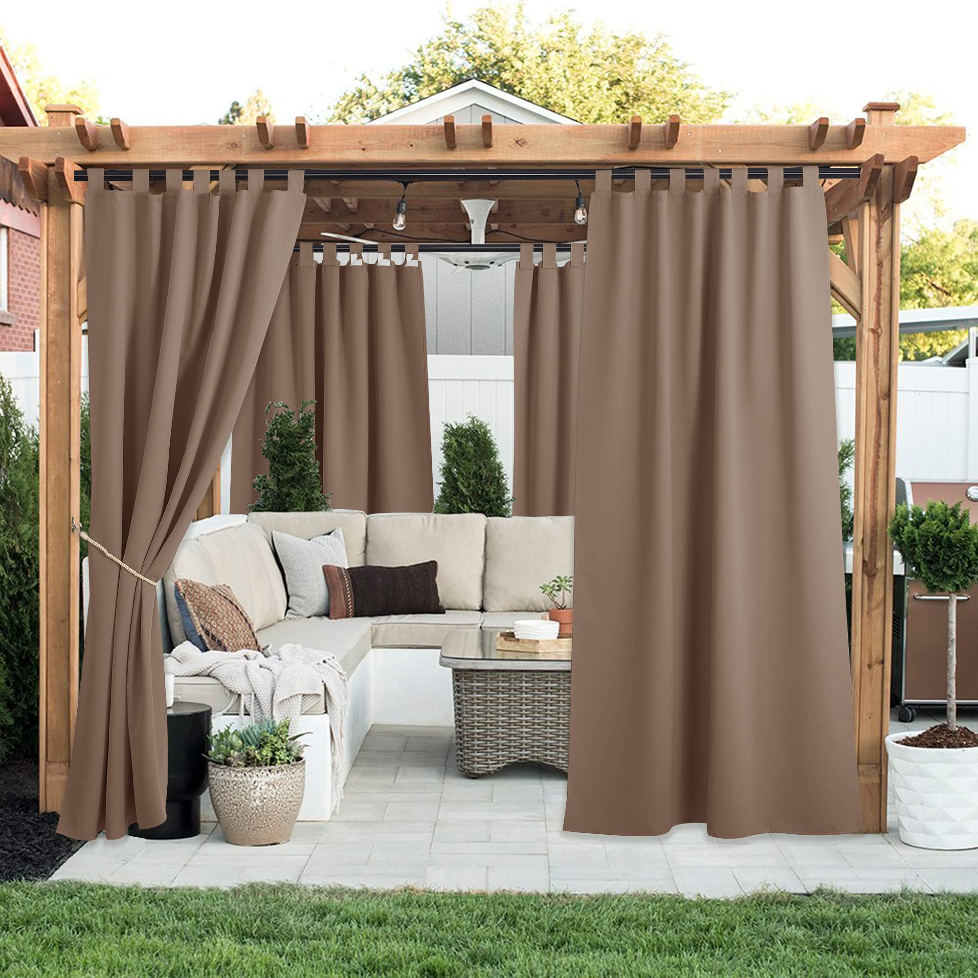 NICETOWN Waterproof Outdoor Porch Curtains - Set of 2 Blackout Patio Curtains with Self-Stick Tab Top, 52x84 Inches Tan - Perfect for Pergola, Patio Privacy & Sun Protection, Great for Outdoor Living Spaces & Backyard Relaxation