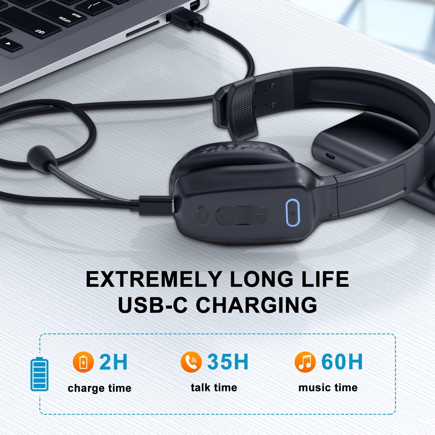 Wireless Bluetooth Headset with Noise Canceling Microphone - 60Hr Battery Life for Truck Drivers, Office Work & Phone Calls | Comfortable Over-Ear Design with Mute Button