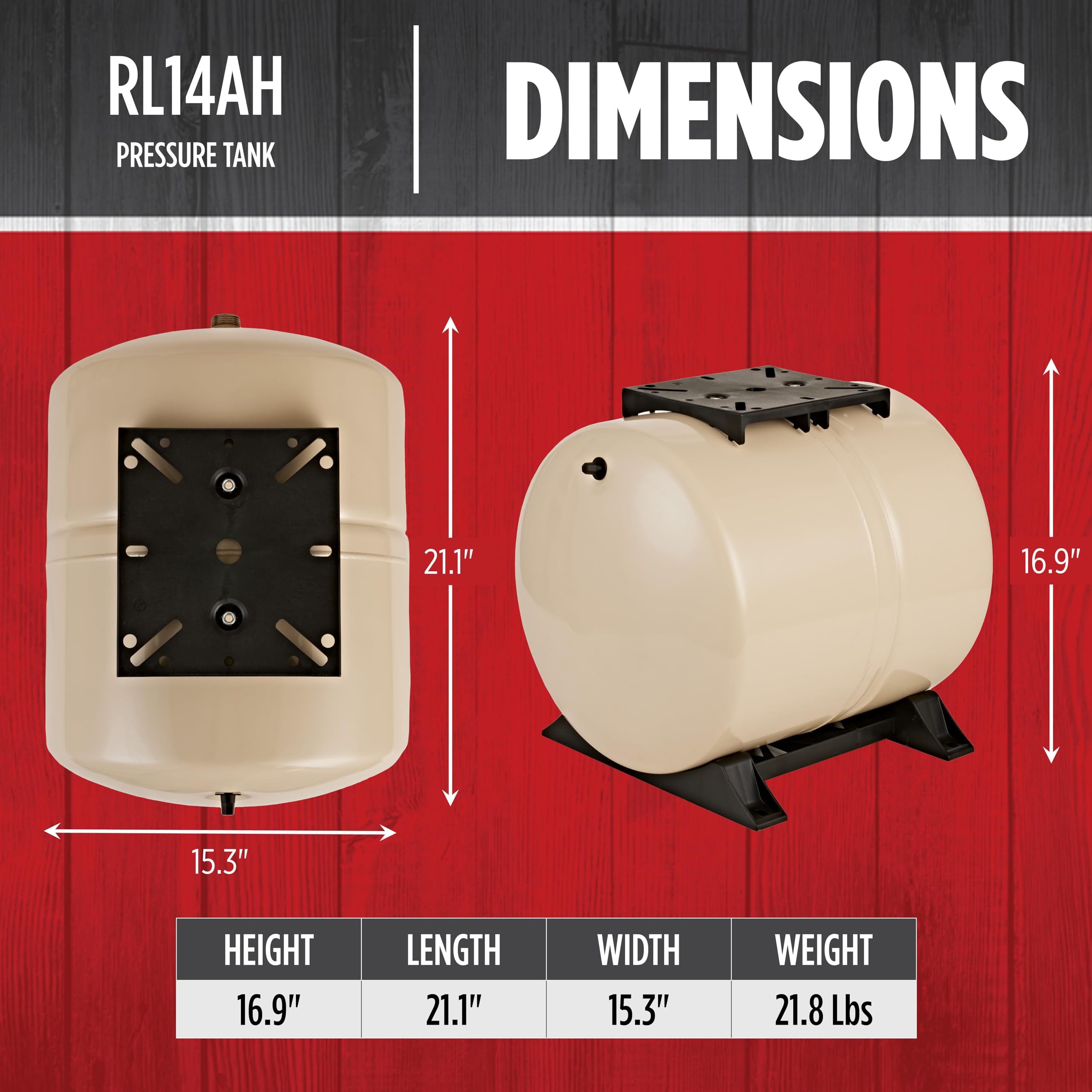 Red Lion RL14AH 14-Gallon Horizontal Pre-Charged Pressure Tank with Pump Mounting Bracket - Thermoplastic Stand for Well Pumps, 3/4-Inch MNPT Connection (Almond) - Ideal for Residential Water Systems, Irrigation & Agricultural Applications