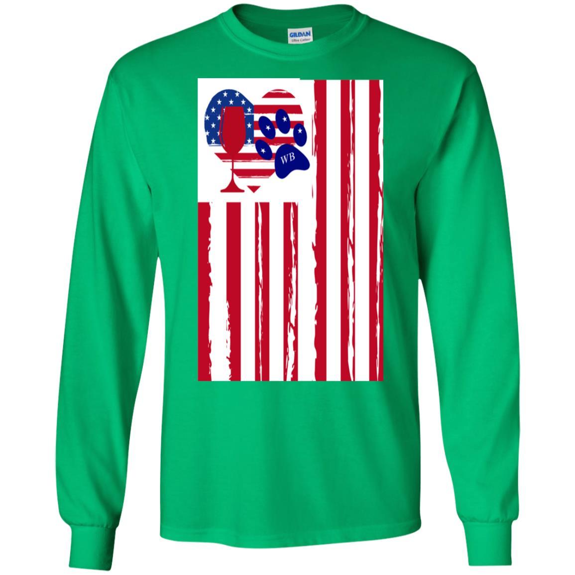 WineyBitches.Co Patriotic American Flag Wine Paw Heart Long Sleeve Ultra Soft Cotton T-Shirt for Women | Perfect for Wine Lovers, 4th of July & Pet-Themed Parties