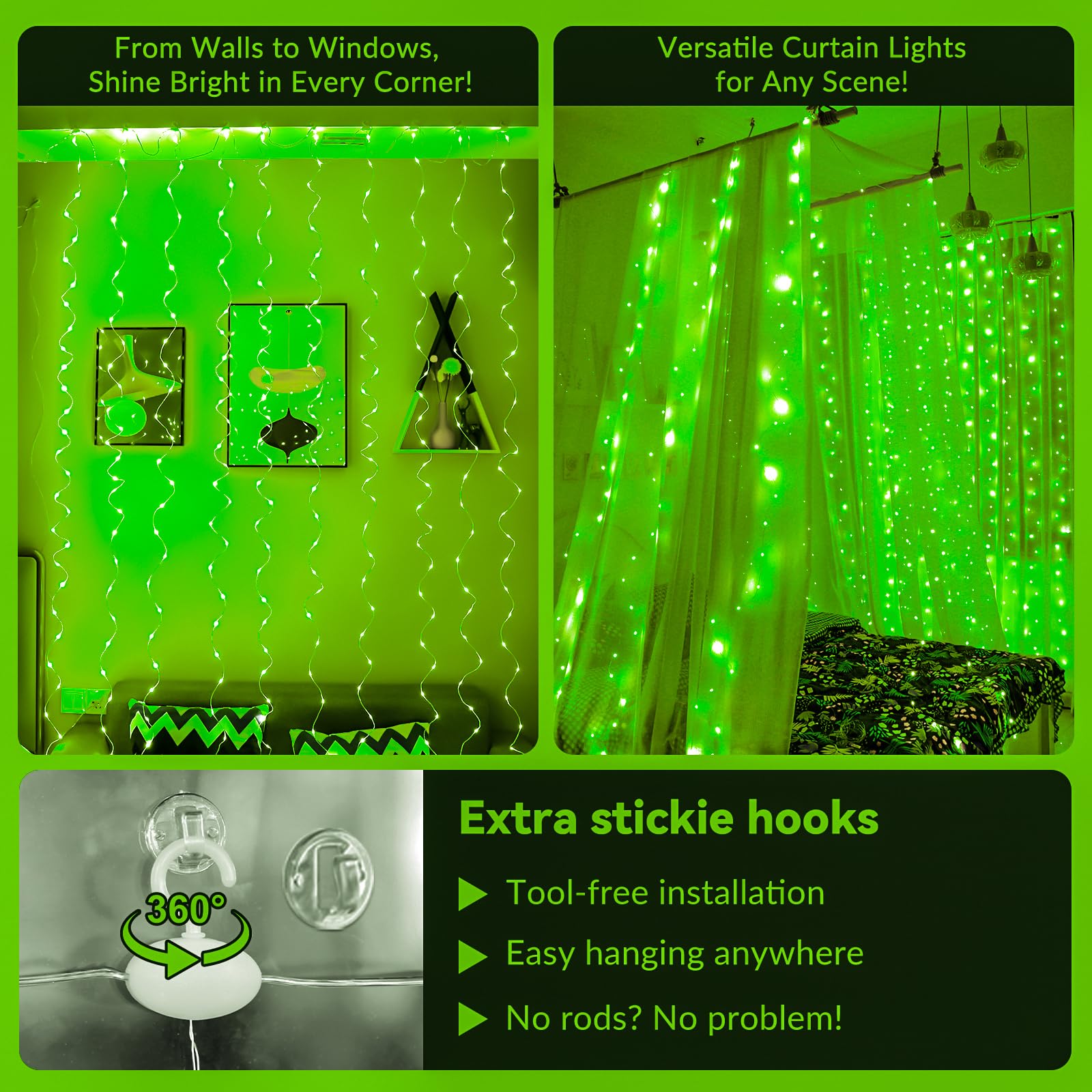 HXWEIYE 300LED Green Fairy Curtain Lights with Remote Control - 8 Lighting Modes & Timer Function - 9.8x9.8Ft USB Plug-in String Lights for Bedroom, Outdoor, Wedding, Party, Garden, Wall Decor - Perfect for Christmas Decorations, Romantic Ambiance & Home Lighting