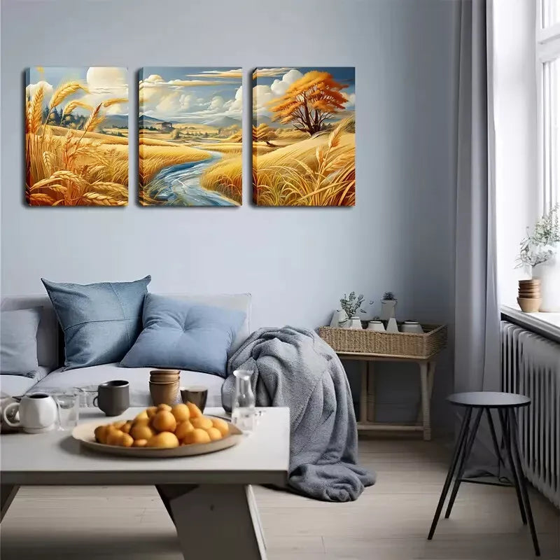 3-Piece Vibrant Countryside Stream & Golden Wheat Wall Art Set - Framed Canvas 40x60cm - High Quality Print - 100% Australian Made - Ready to Hang - Perfect for Living Room, Bedroom & Office Decor